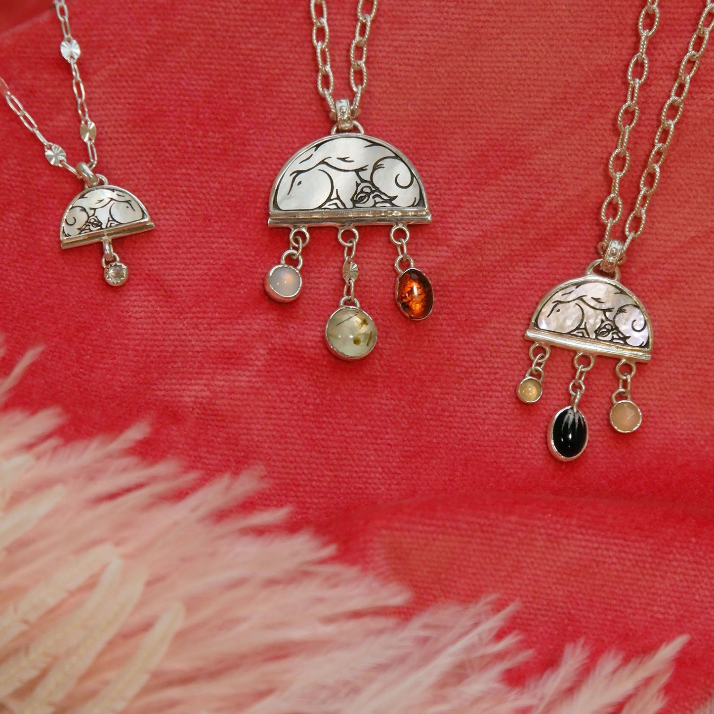 sterling silver half moon pendants, in 3 sizes, set with mother of pearl, engraved with squirrel illustration, and gemstone drops, on fine silver starburst chain