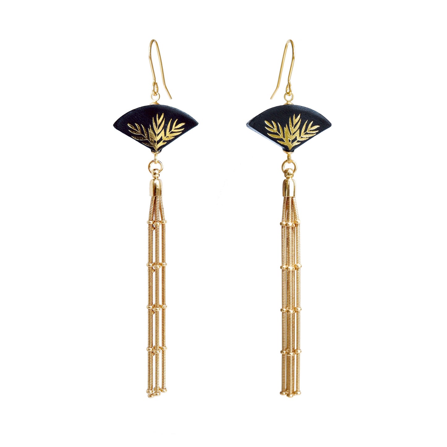 Leather fan earrings, with gold palm print, and long golden chain tassel