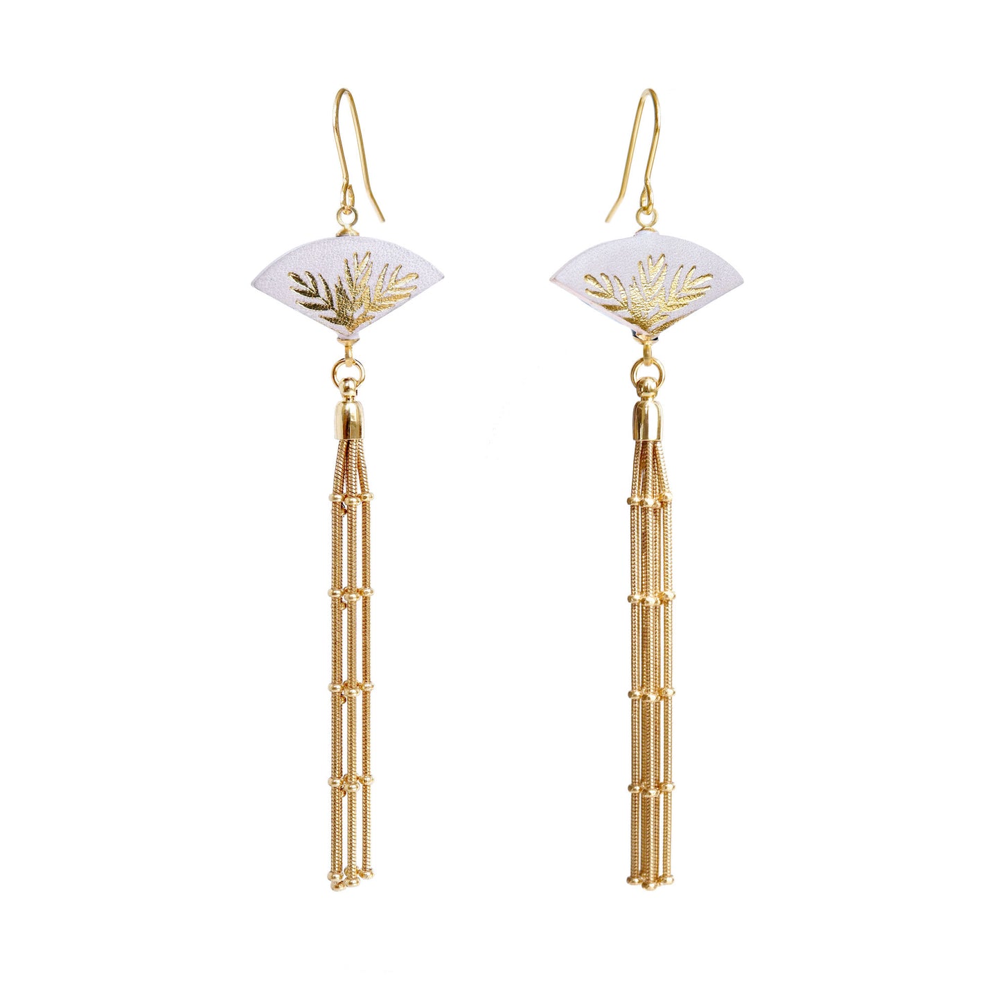 Leather fan earrings, with gold palm print, and long golden chain tassel