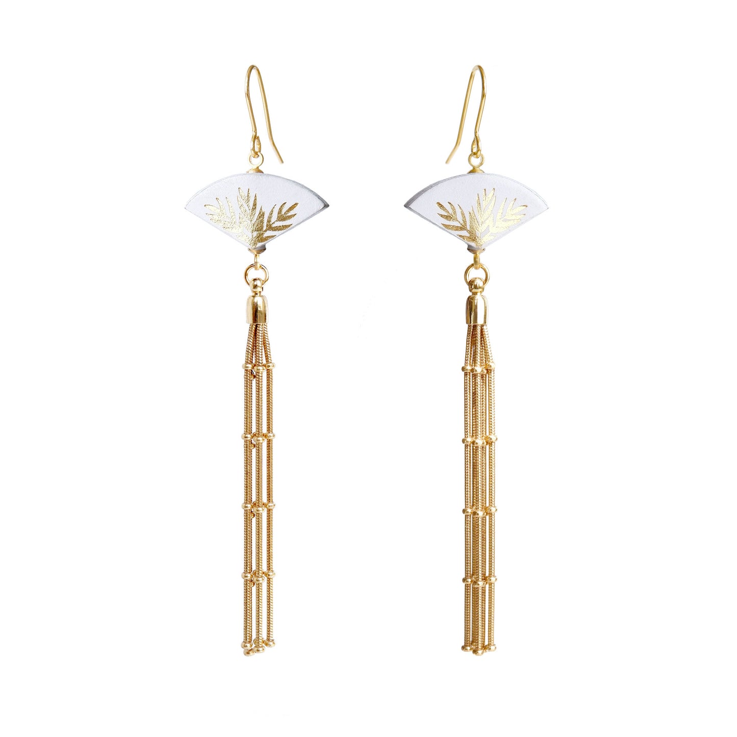 Leather fan earrings, with gold palm print, and long golden chain tassel