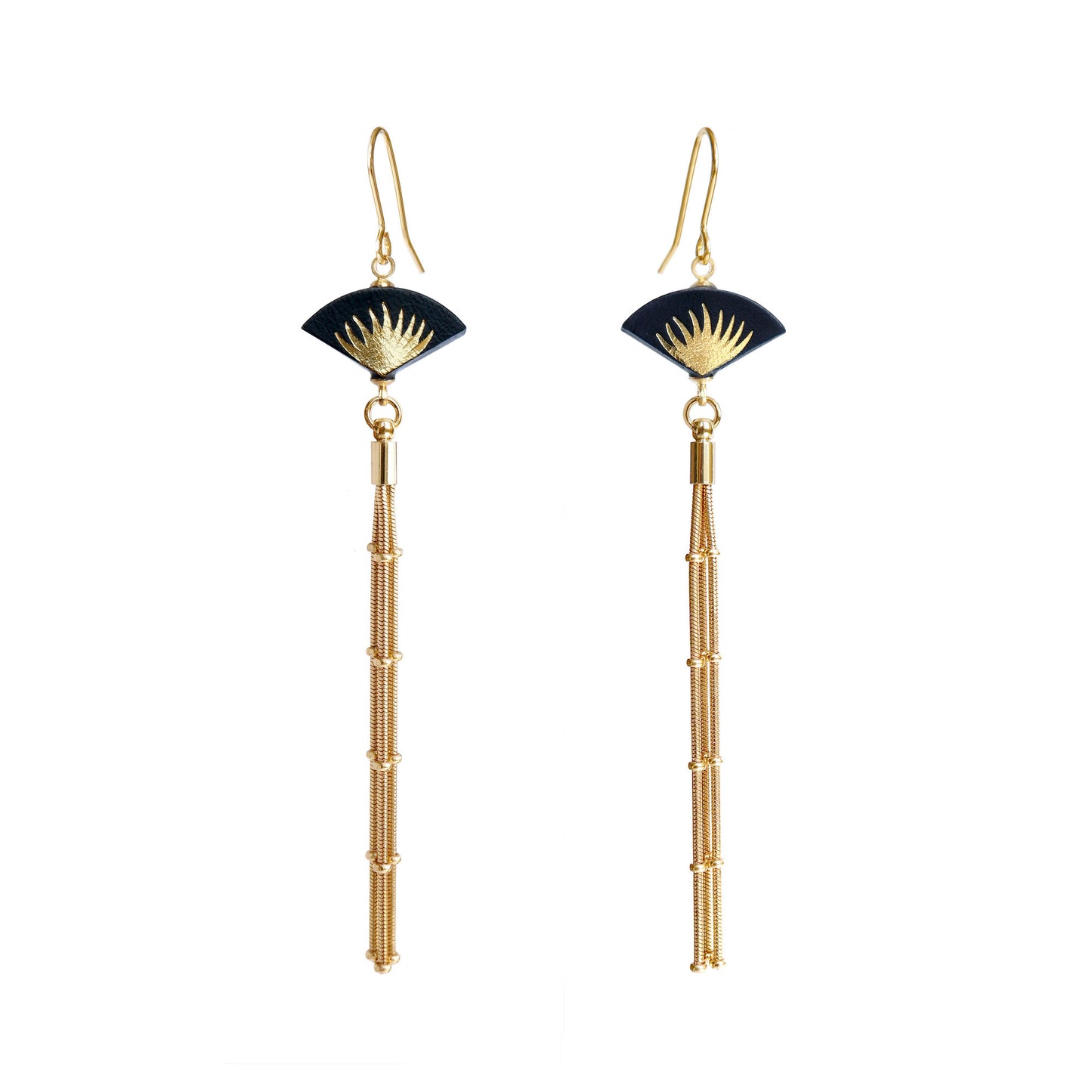 Leather fan earrings, with gold palm print, and long golden chain tassel