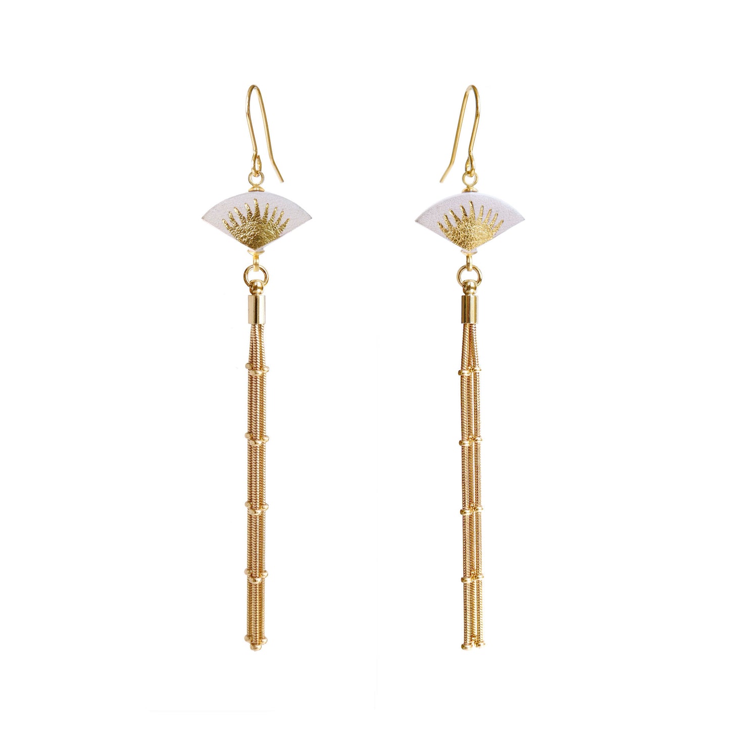 Leather fan earrings, with gold palm print, and long golden chain tassel