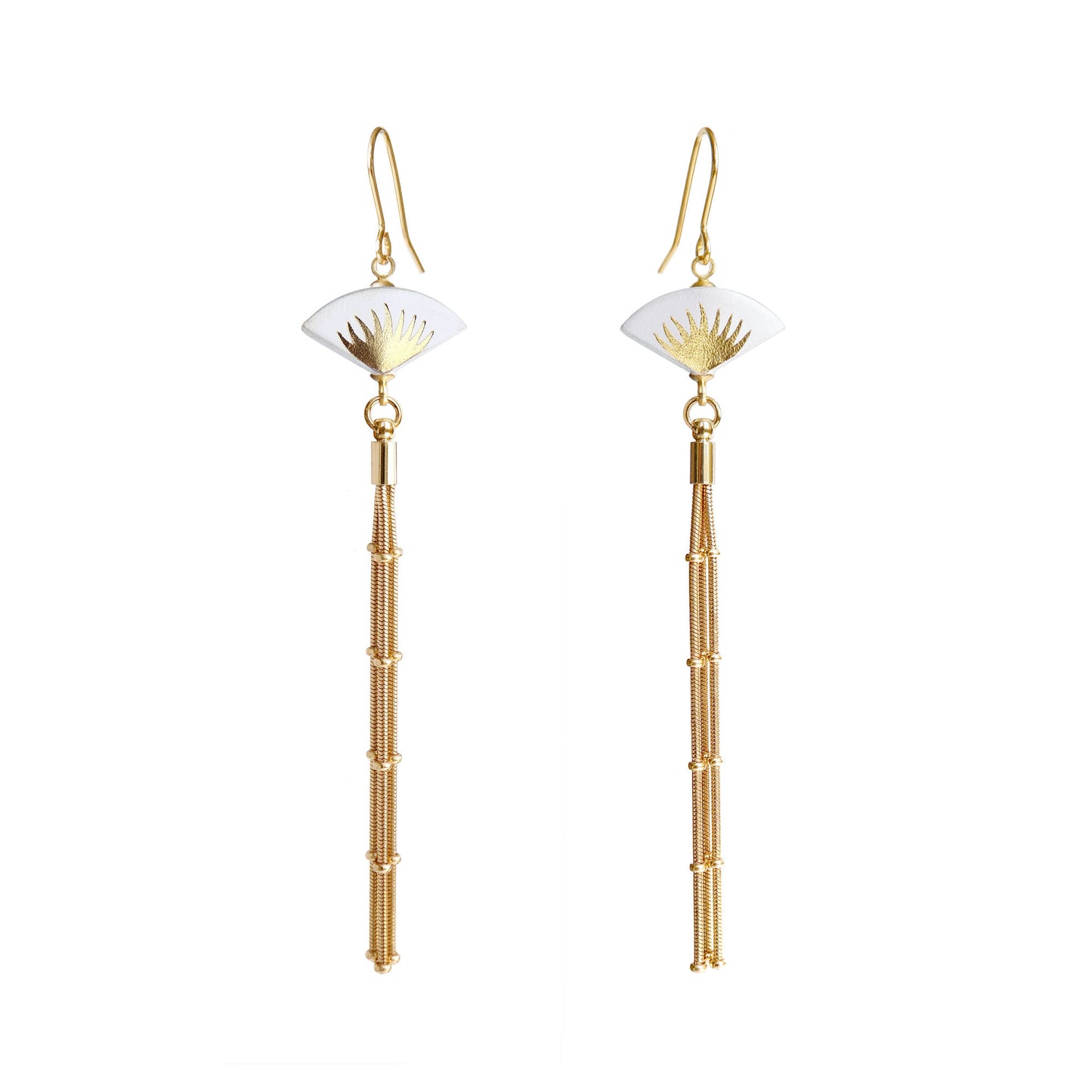 Leather fan earrings, with gold palm print, and long golden chain tassel