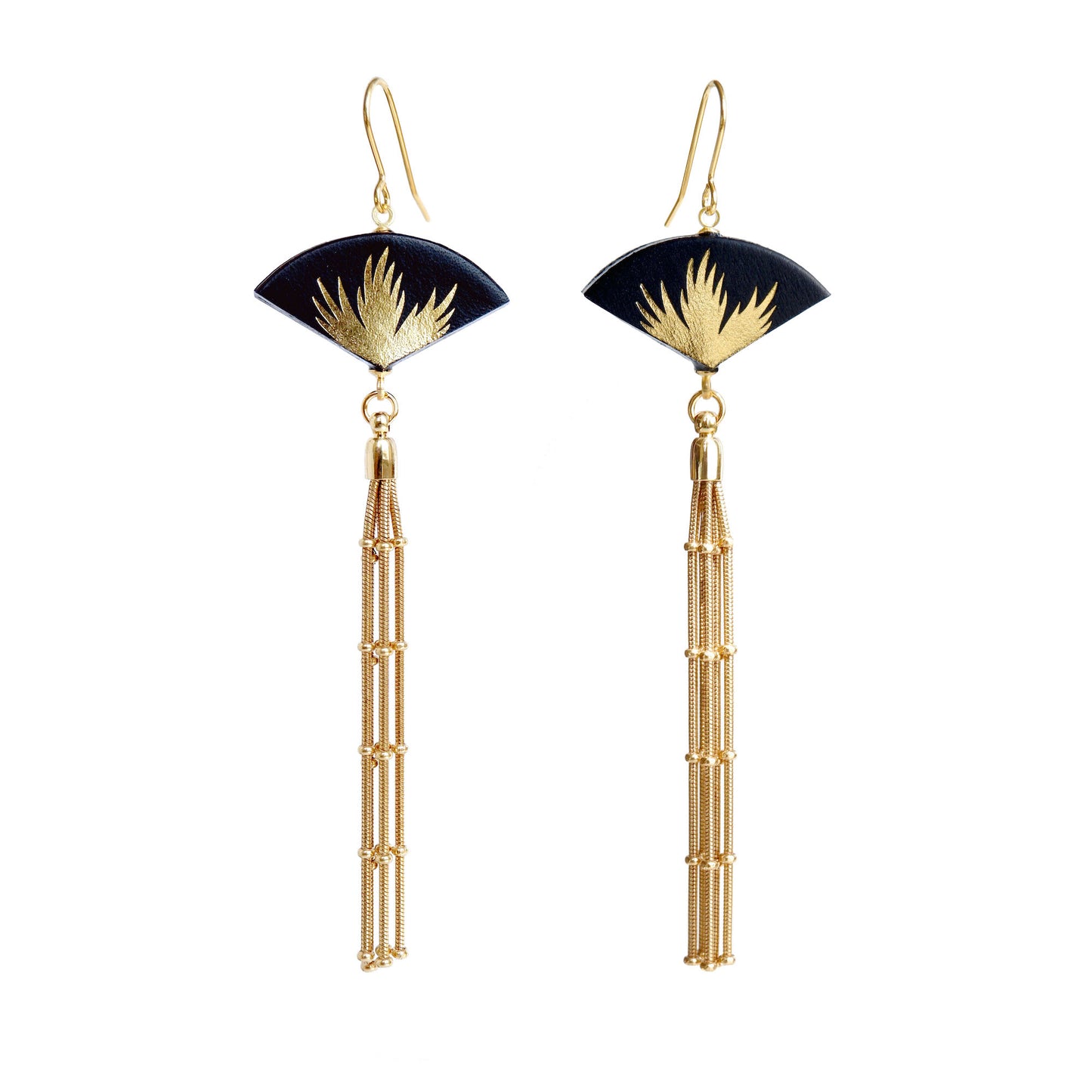 Leather fan earrings, with gold palm print, and long golden chain tassel