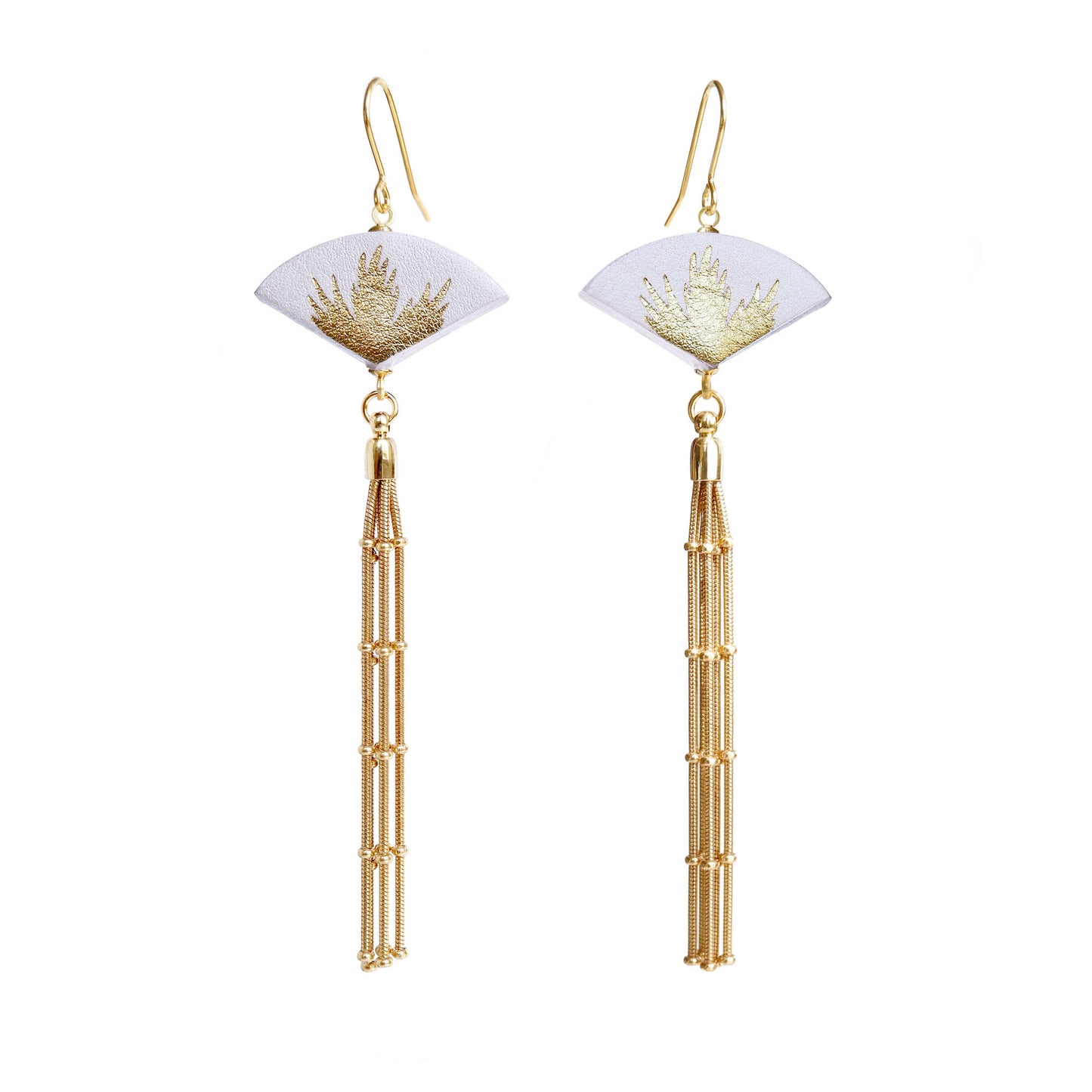 Leather fan earrings, with gold palm print, and long golden chain tassel