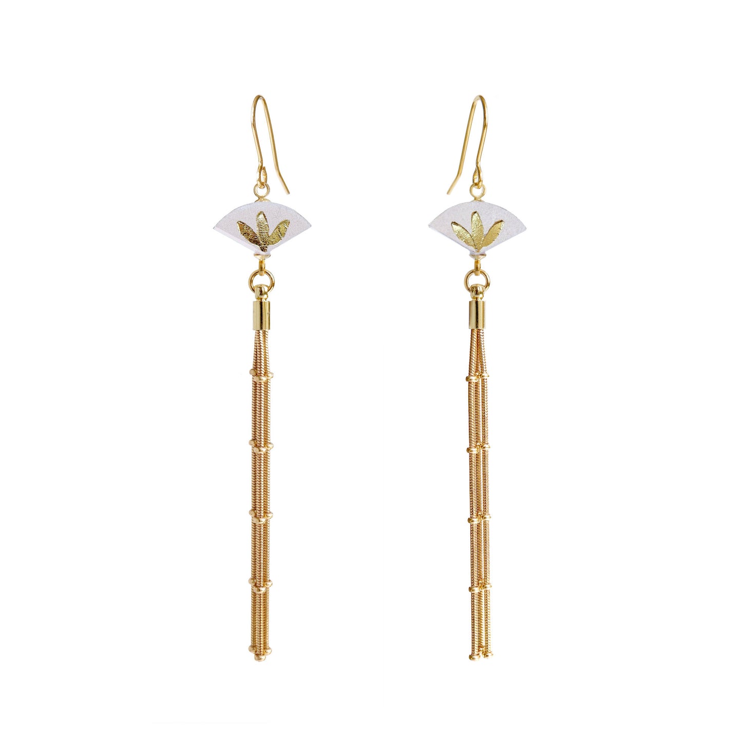 Leather fan earrings, with gold palm print, and long golden chain tassel
