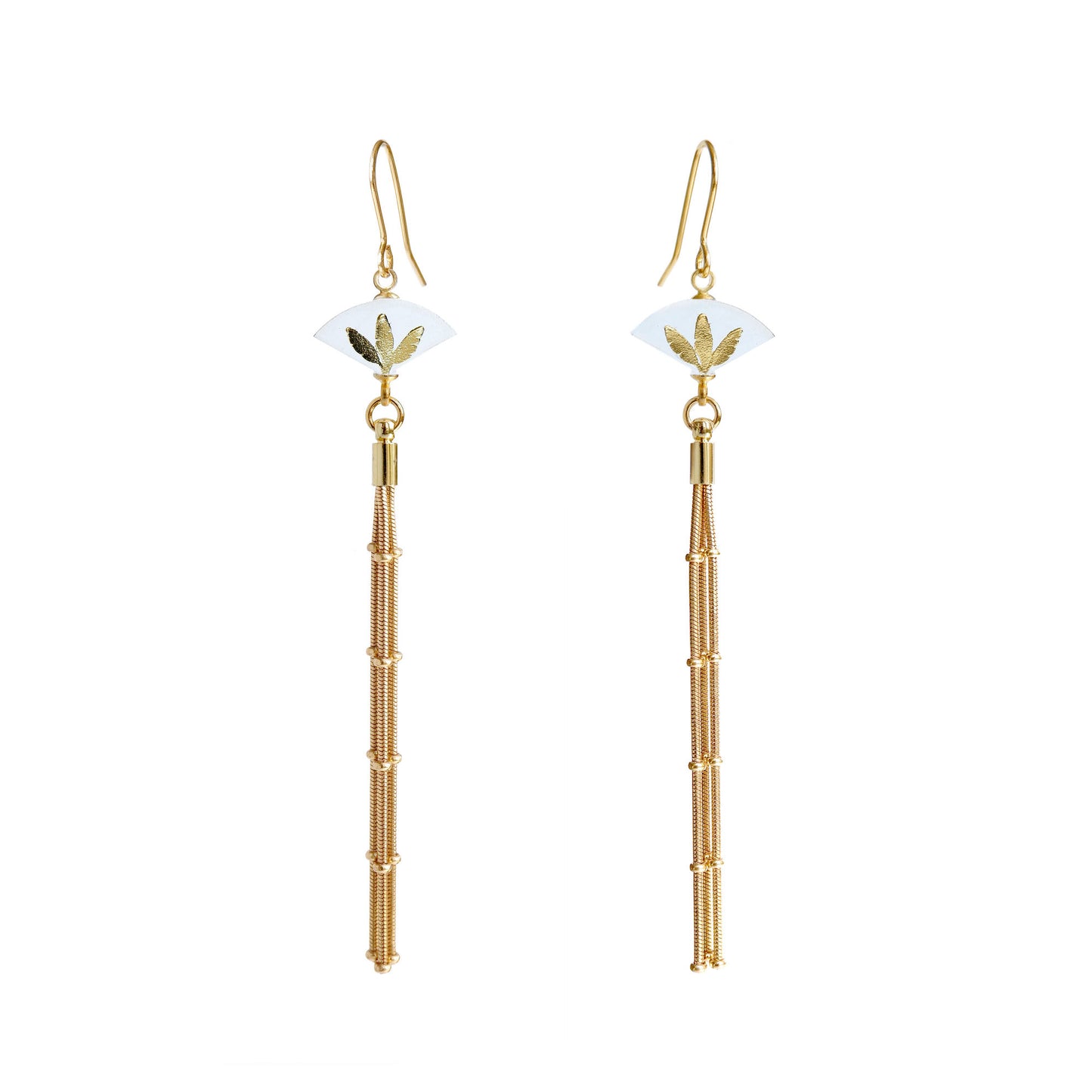 Leather fan earrings, with gold palm print, and long golden chain tassel