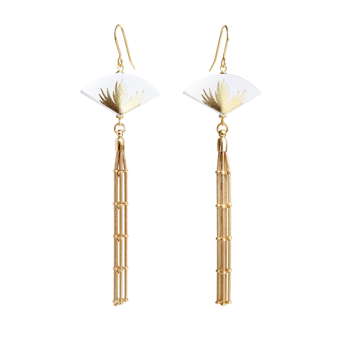 Leather fan earrings, with gold palm print, and long golden chain tassel