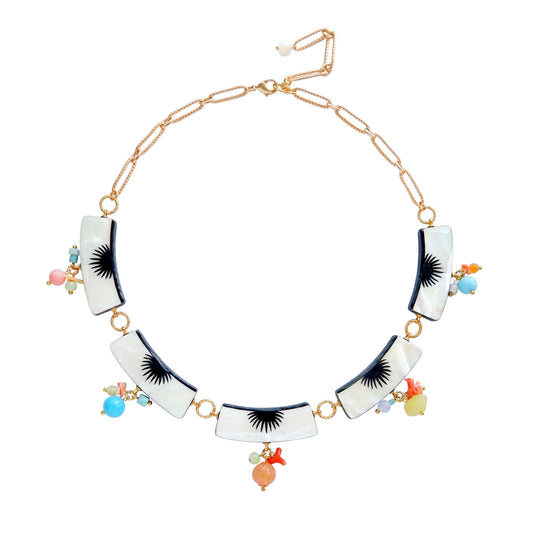 graphic black & white palm design mother of pearl collar necklace, with multi-coloured beads