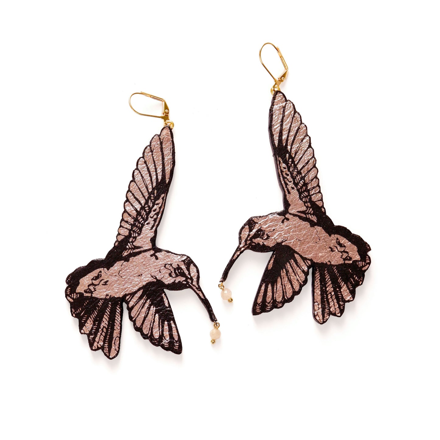 Large Statement Hummingbird Earrings, in Printed pale metallic rose pink Leather.