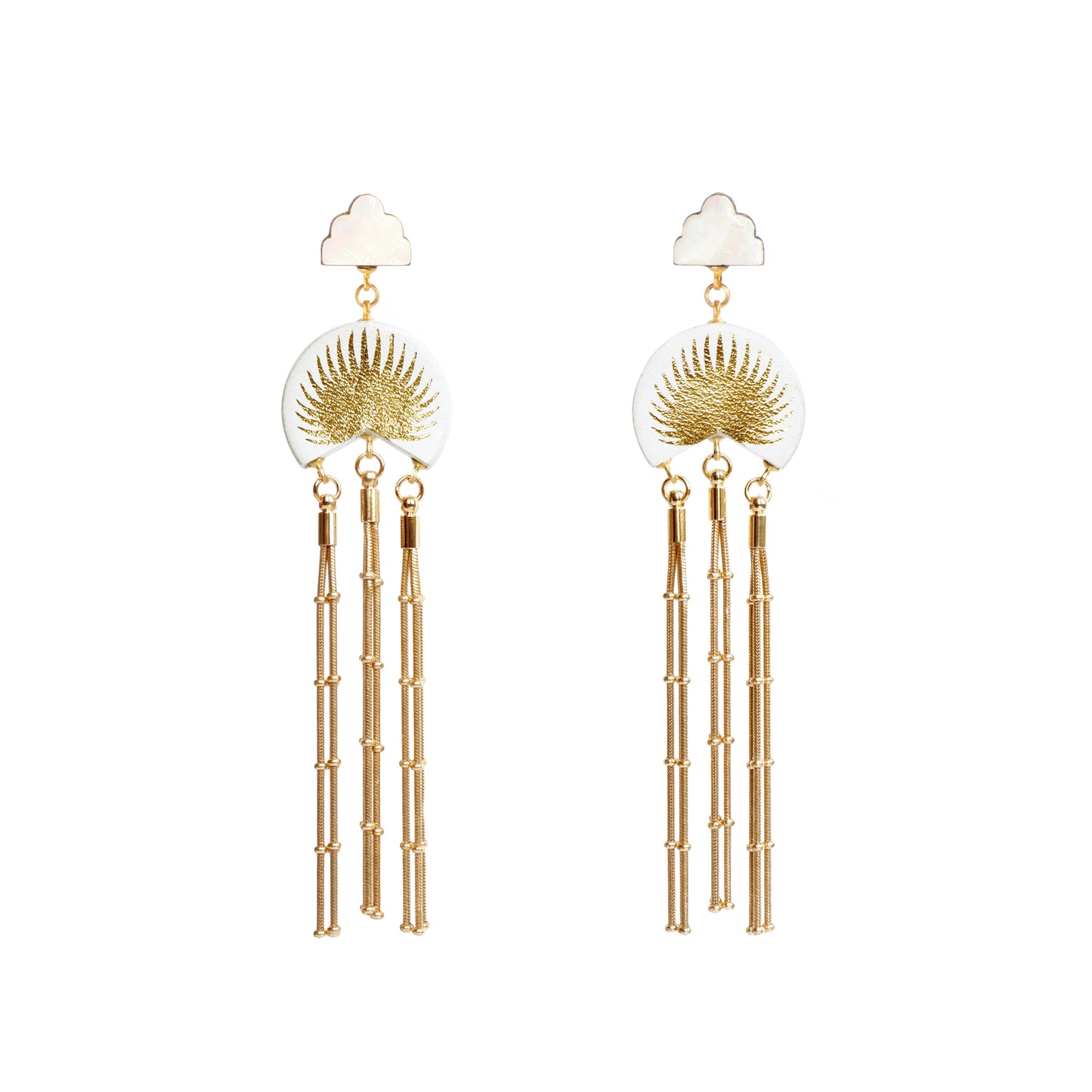 white leather medallion earrings, with gold palm tree print, gold tassels & mother of pearl cloud shade studs.