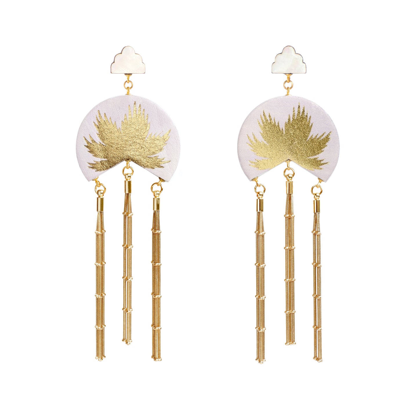 lilac leather medallion earrings, with gold palm tree print, gold tassels & mother of pearl cloud shade studs.