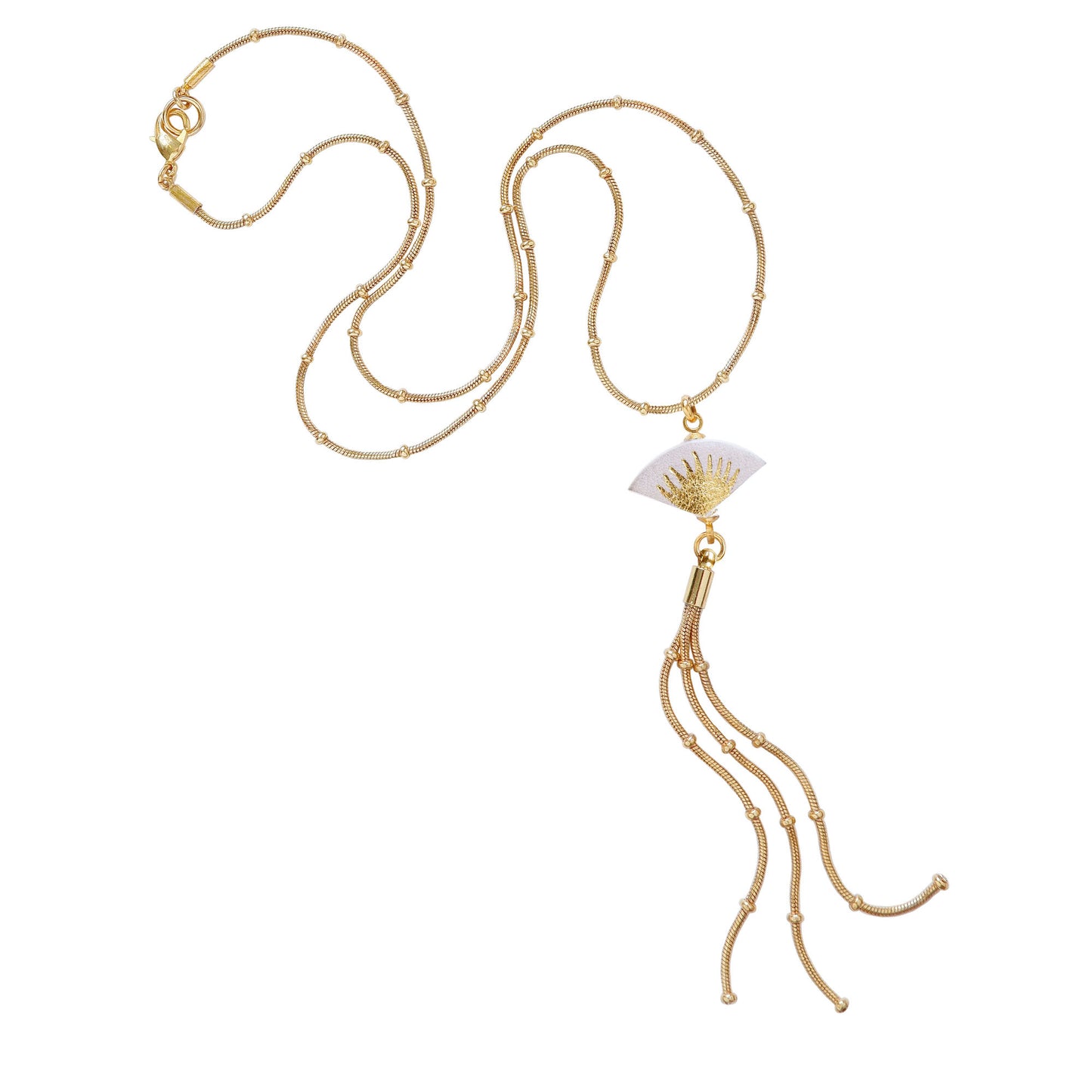 lilac leather fan pendant, with gold palm tree print, on gold beaded snake chain, with long chain tassel