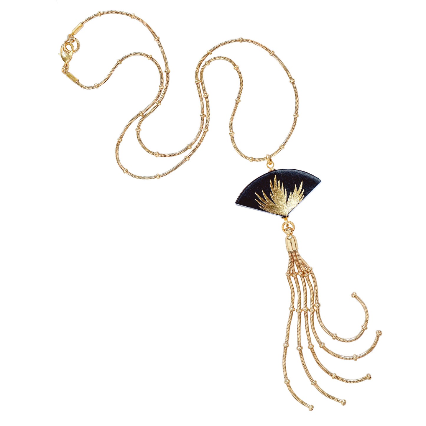 black leather fan pendant, with gold palm tree print, on gold beaded snake chain, with long chain tassel