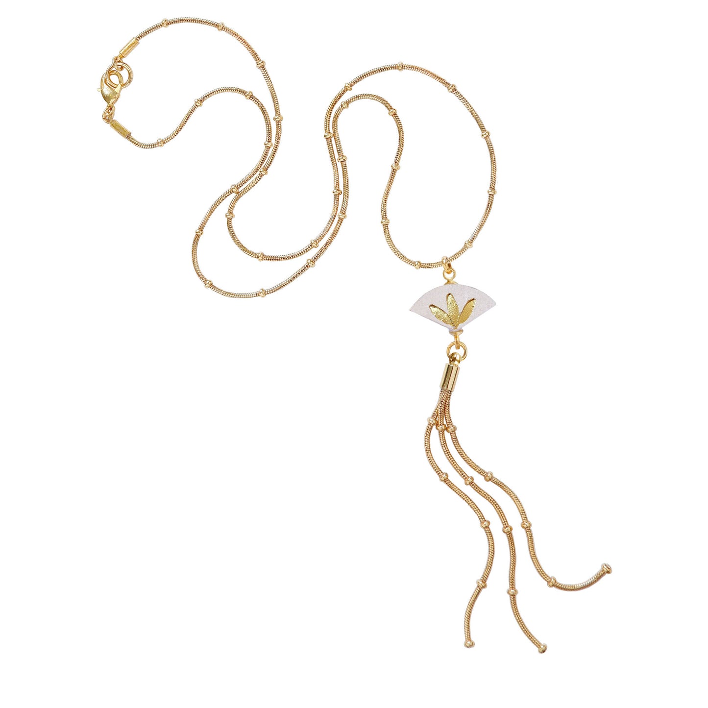 lilac leather fan pendant, with gold palm tree print, on gold beaded snake chain, with long chain tassel