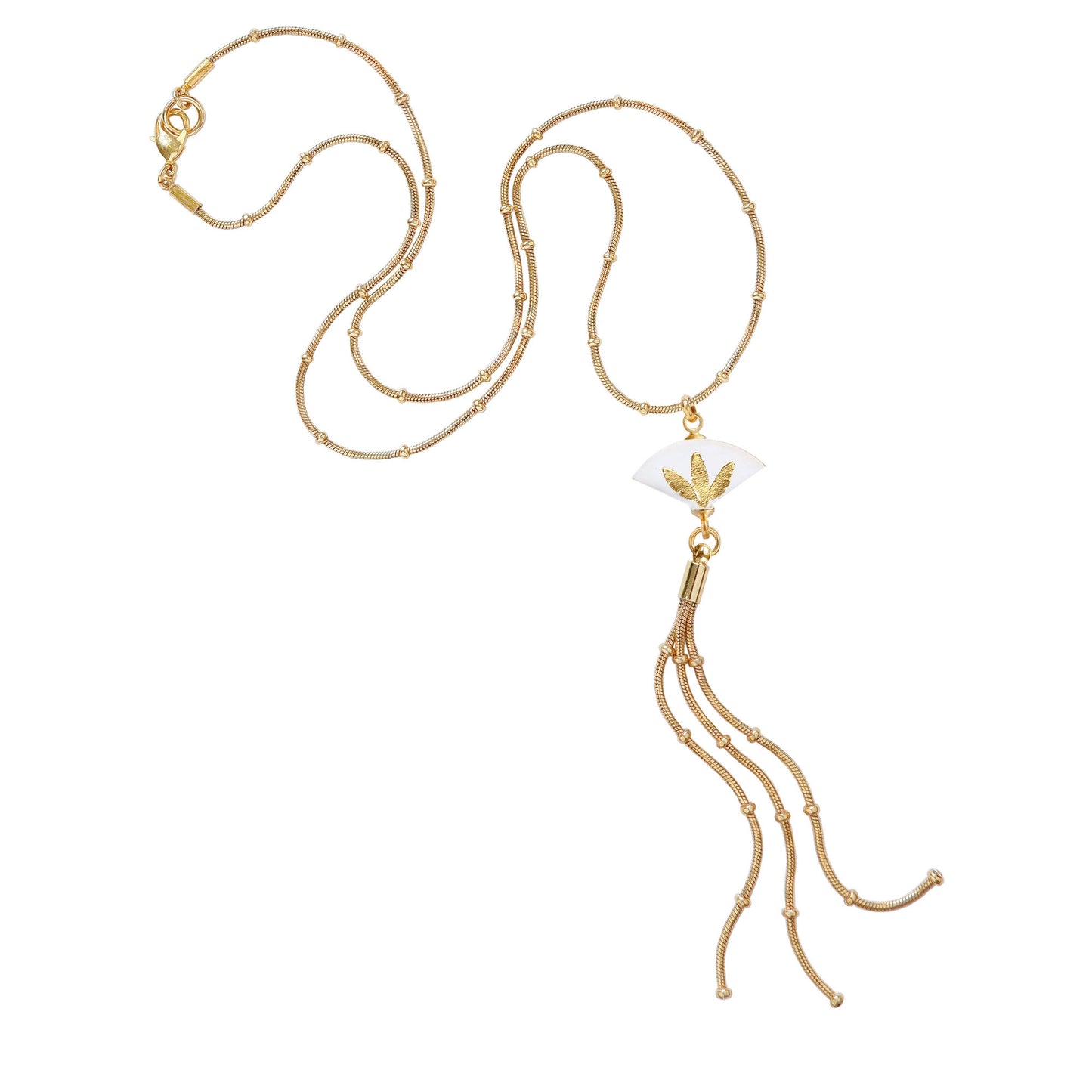 white leather fan pendant, with gold palm tree print, on gold beaded snake chain, with long chain tassel