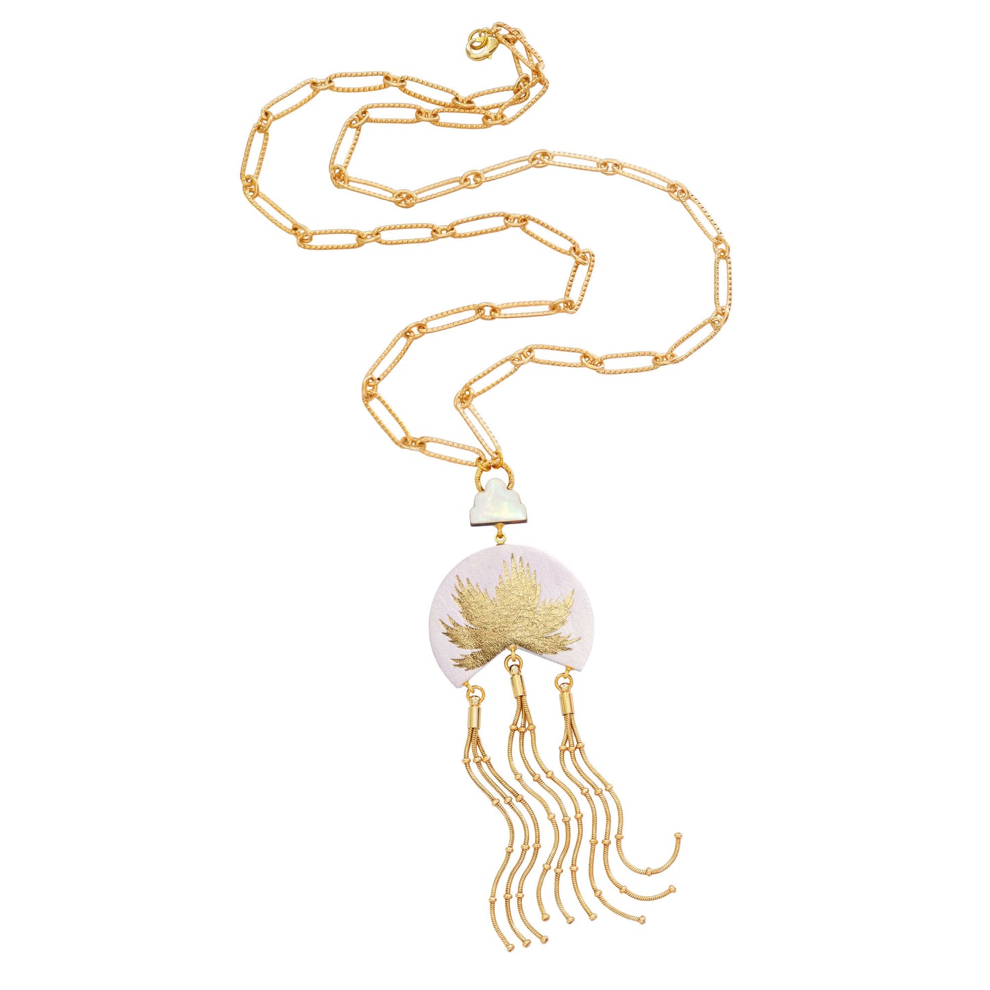 leather medallion pendant, with gold palm tree print, long gold chain tassels, and mother of pearl cloud, on long-link gold chain