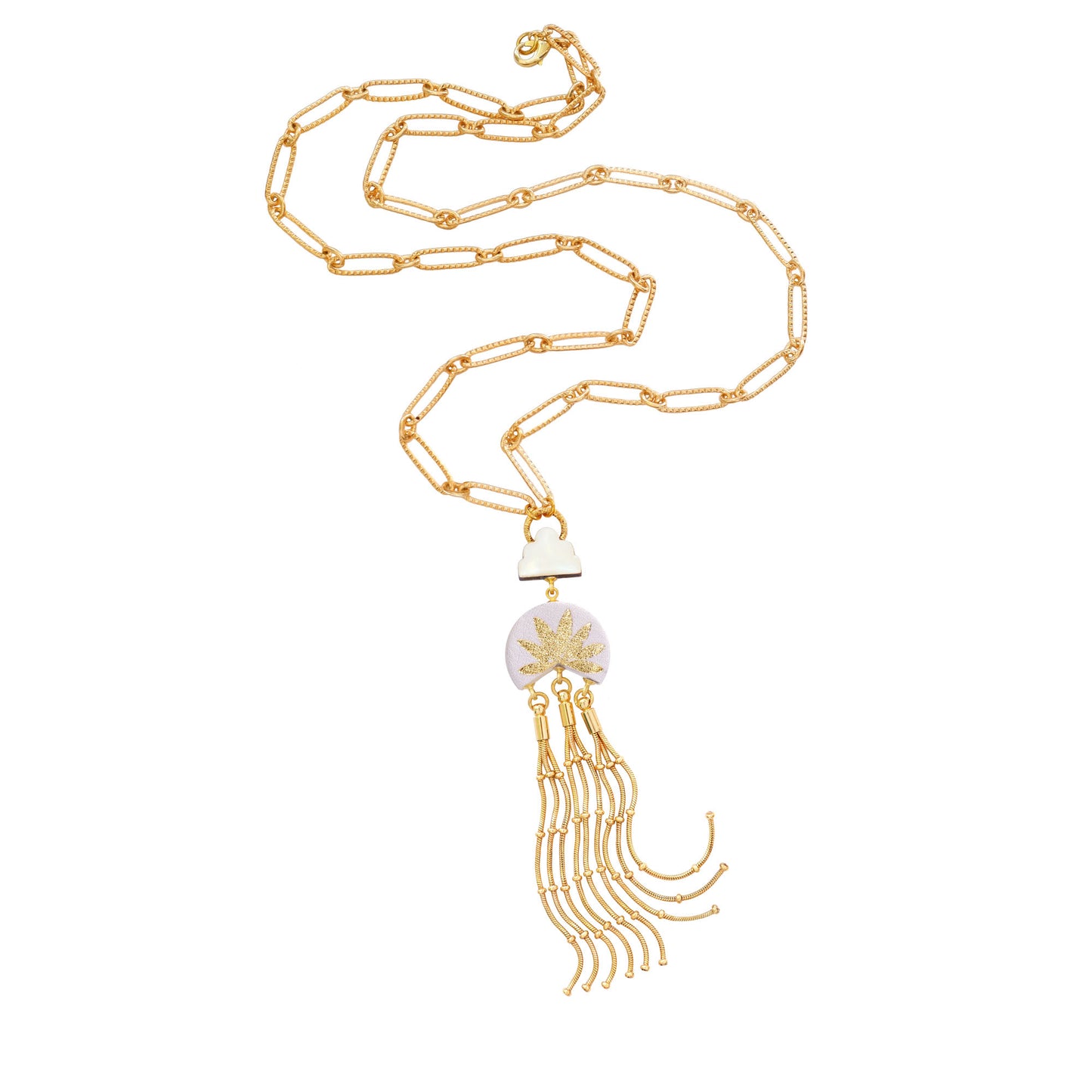 leather medallion pendant, with gold palm tree print, long gold chain tassels, and mother of pearl cloud, on long-link gold chain