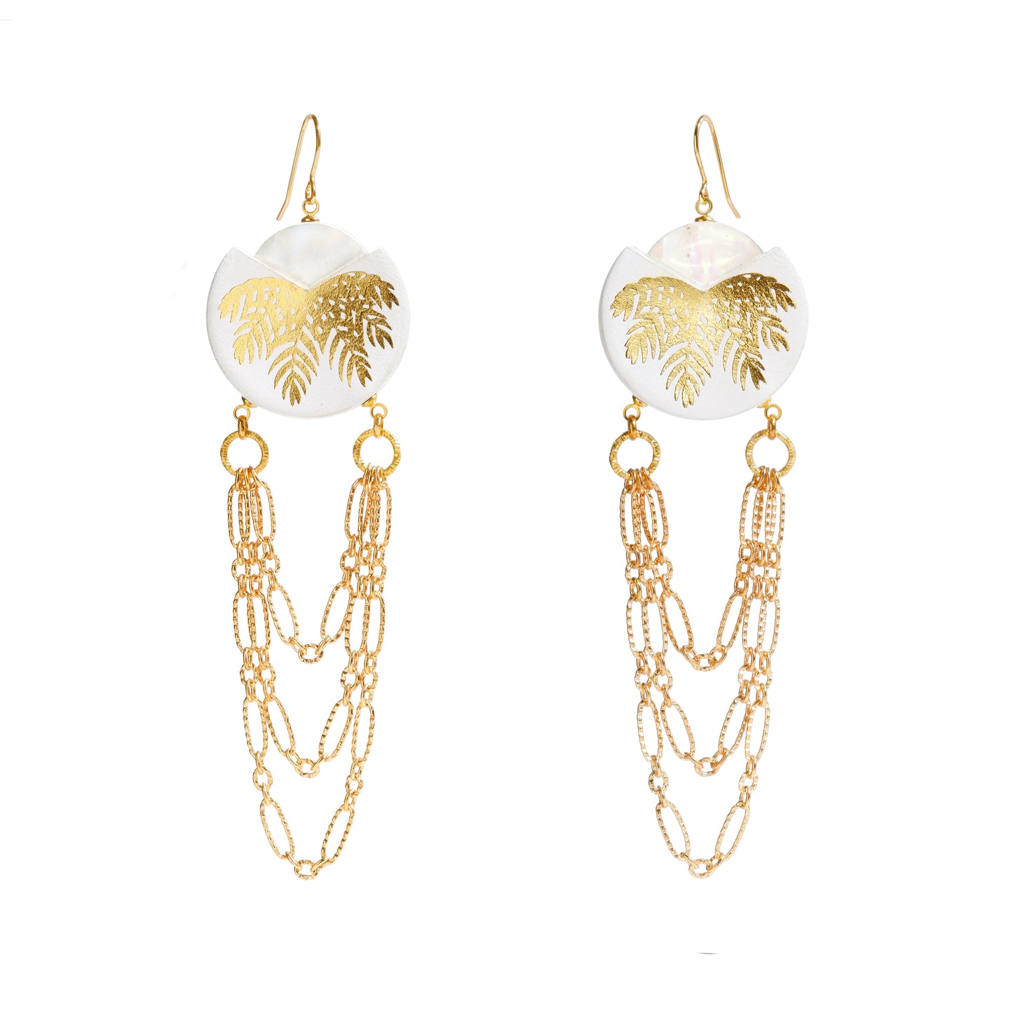 white & gold leather palm tree chain swag chandelier earrings with mother of pearl