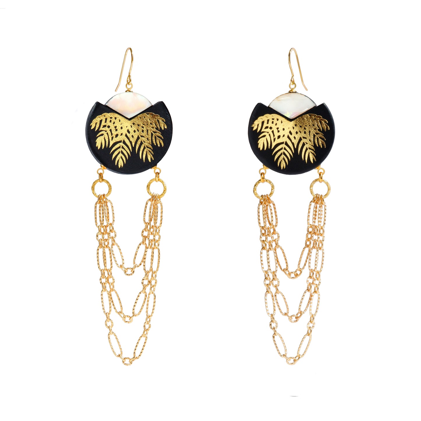 black & gold leather palm tree chain swag chandelier earrings with mother of pearl