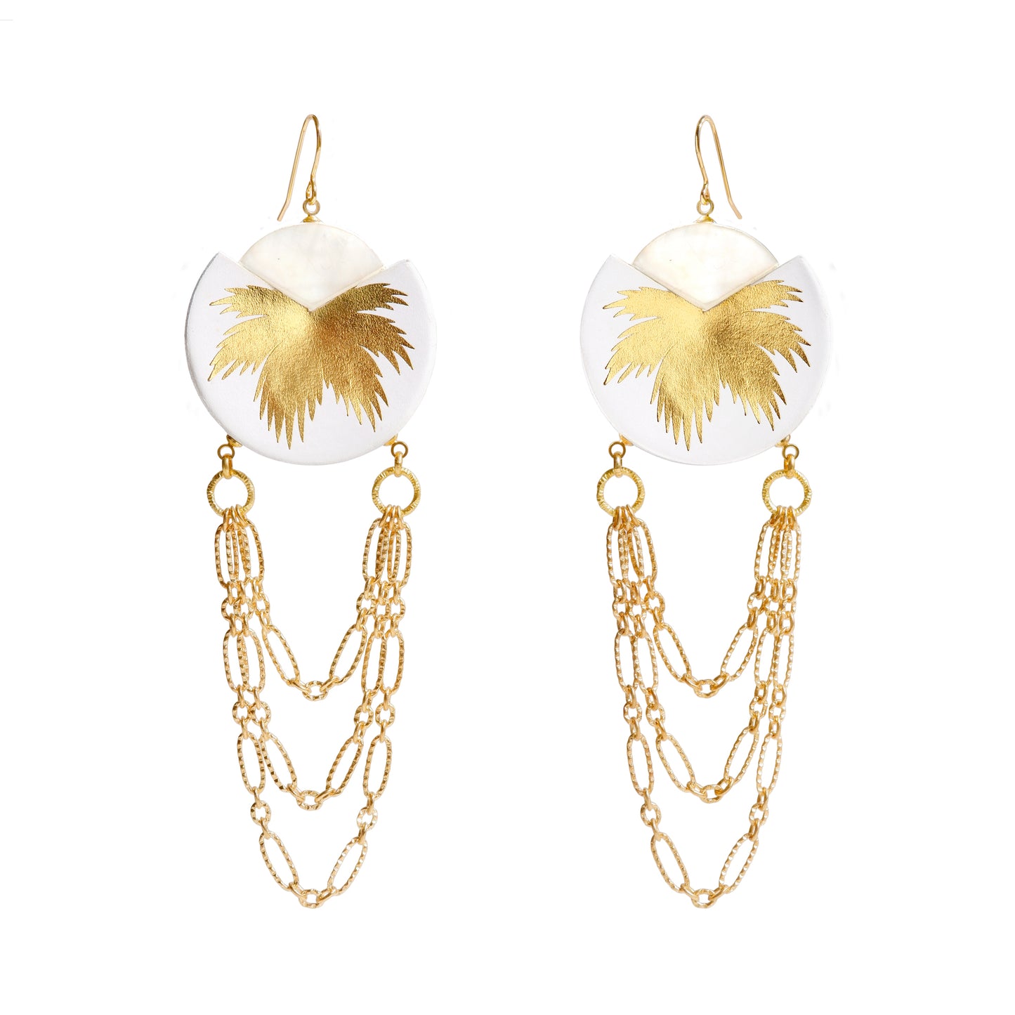 white & gold leather palm tree chain swag chandelier earrings with mother of pearl