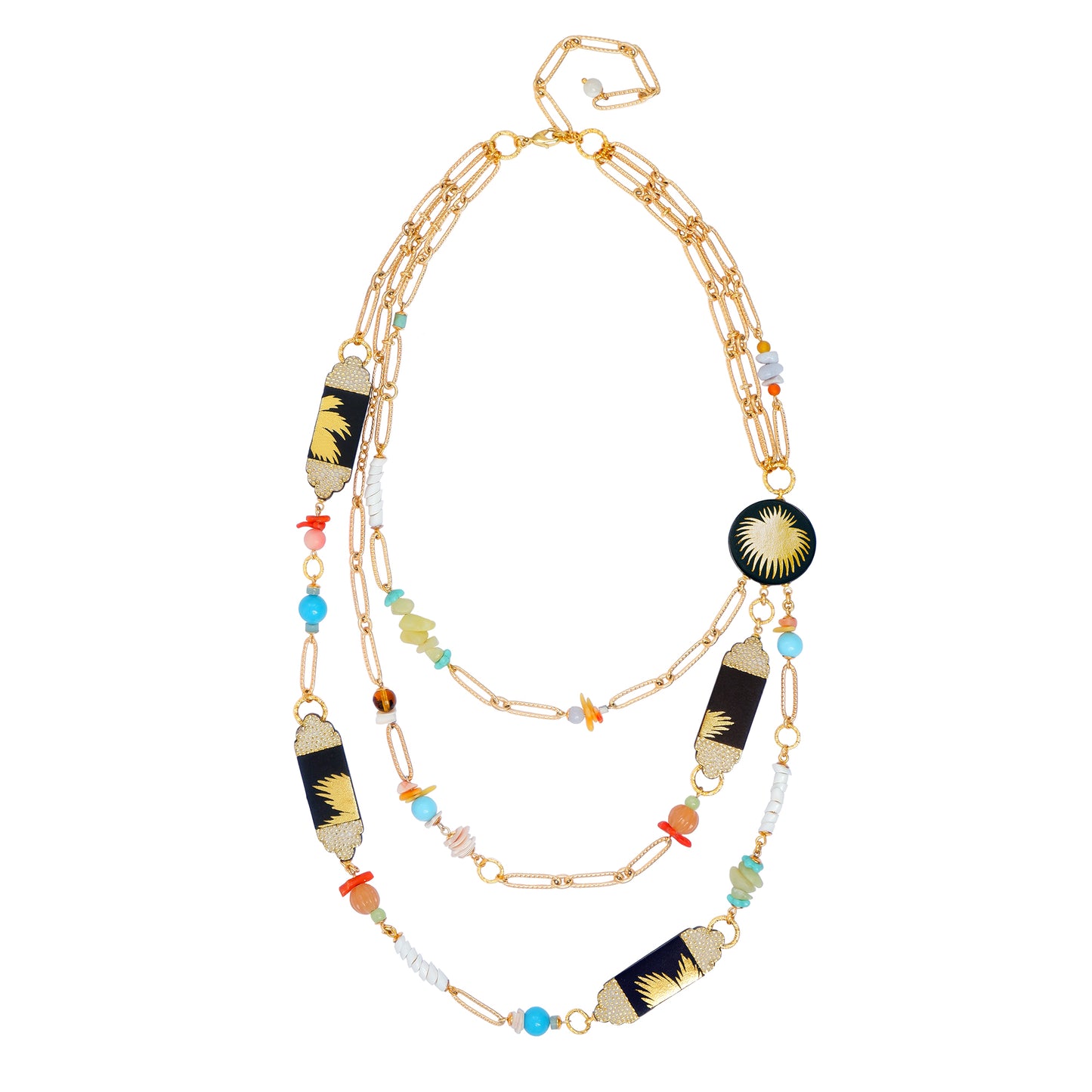 multi strand beaded chain necklace with palm-print black leather pieces