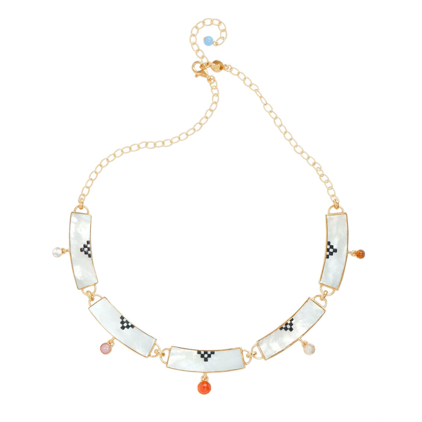 5 panel mother of pearl collar necklace, with graphic black engraved pattern and 5 gemstone drop pendant - carnelian, peruvian pink opal, green amethyst, chalcedony & Amber, in Gold Vermeil.