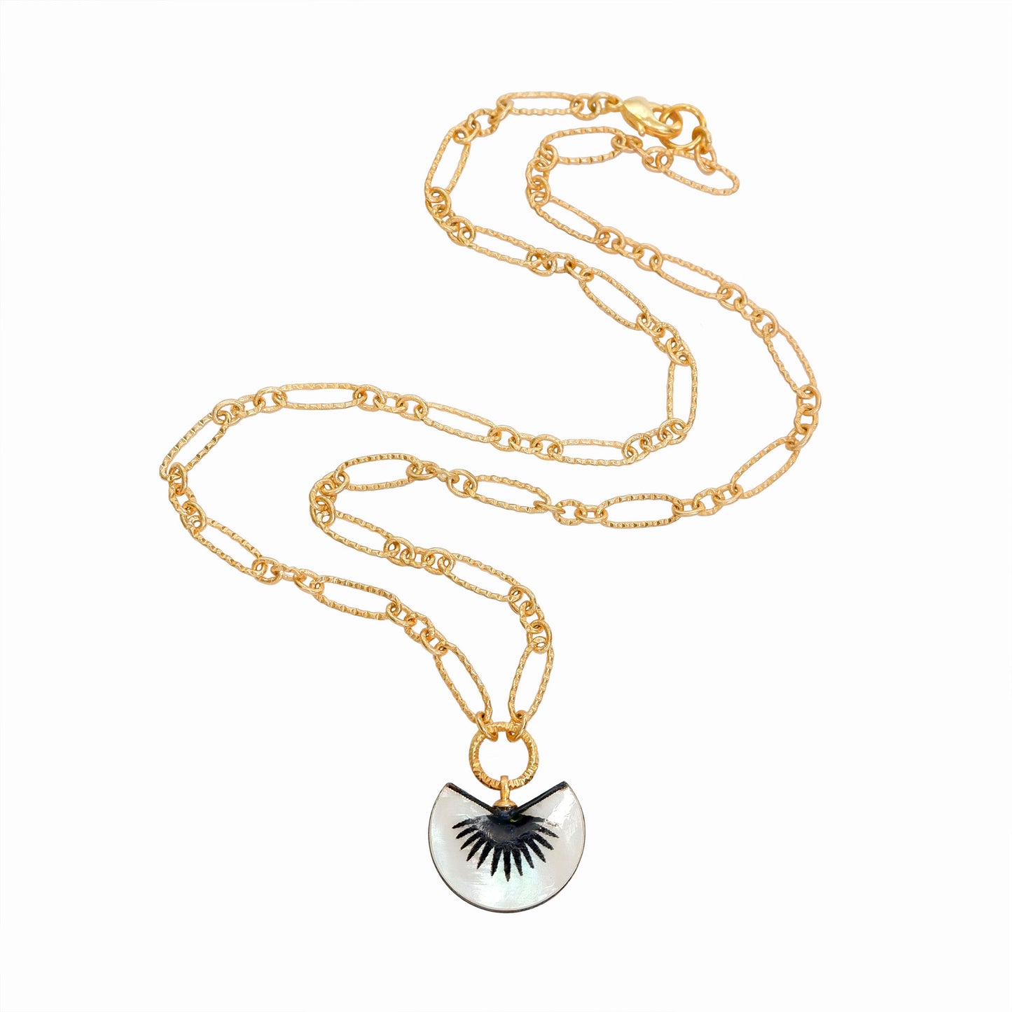 Black & mother of pearl graphic palm design pendant of golden chain