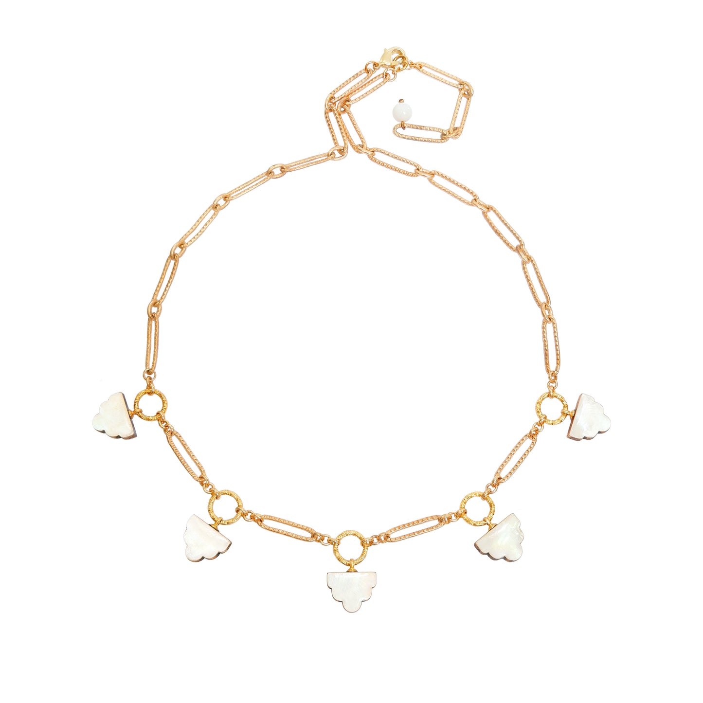 long-link gold chain charm necklace, with deco cloud charms in mother of pearl