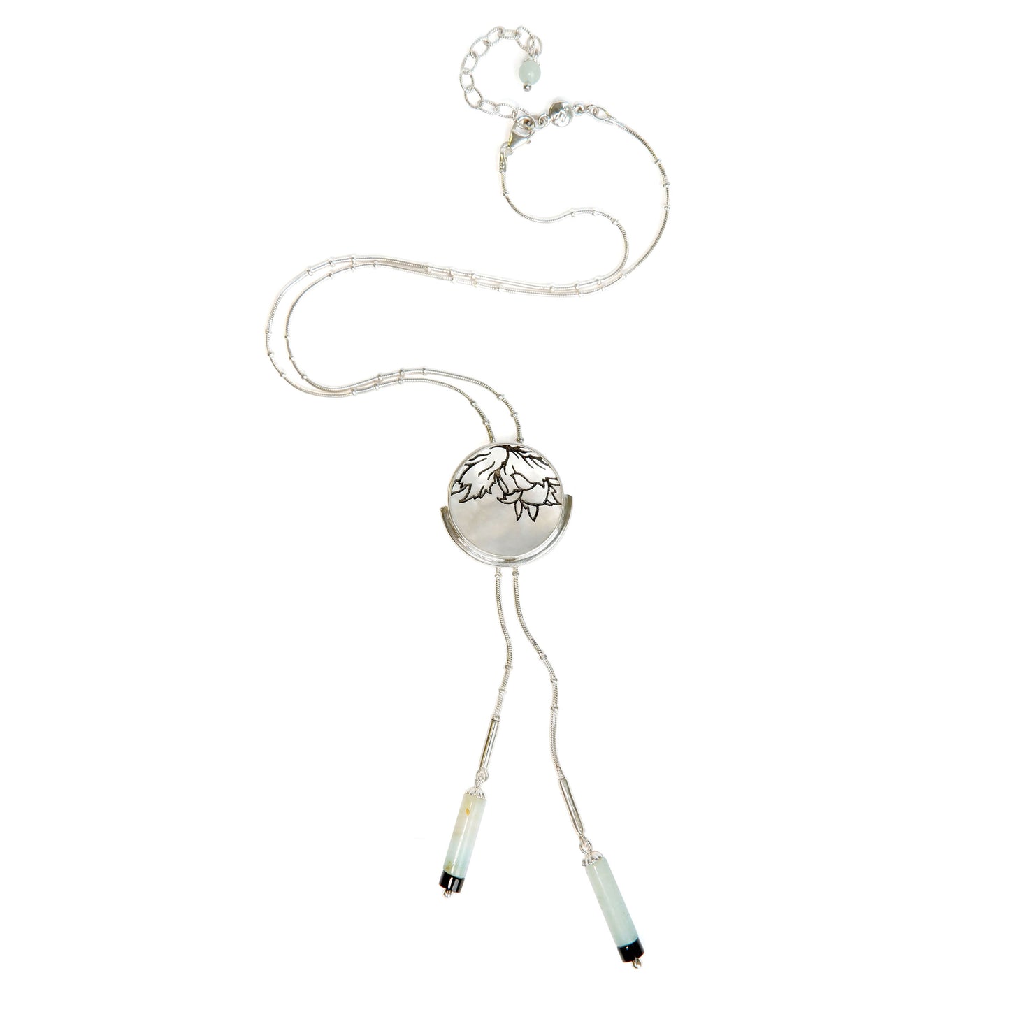 engraved mother of pearl full moon medallion bolo necklet, with sterling silver beaded snake chain and gemstone tips.