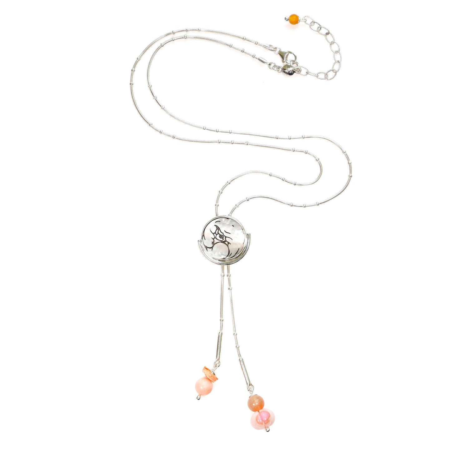 engraved mother of pearl full moon medallion bolo necklet, with sterling silver beaded snake chain.