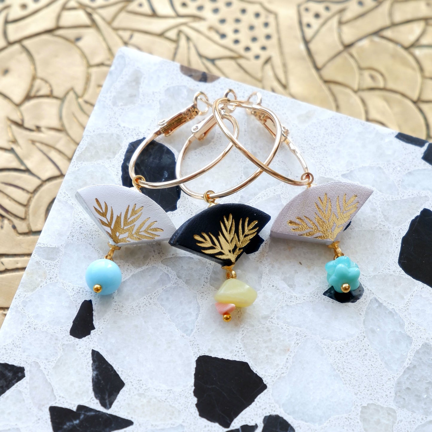 white, black, lilac & gold palm print leather gold hoop earrings with coloured glass & gemstone bead