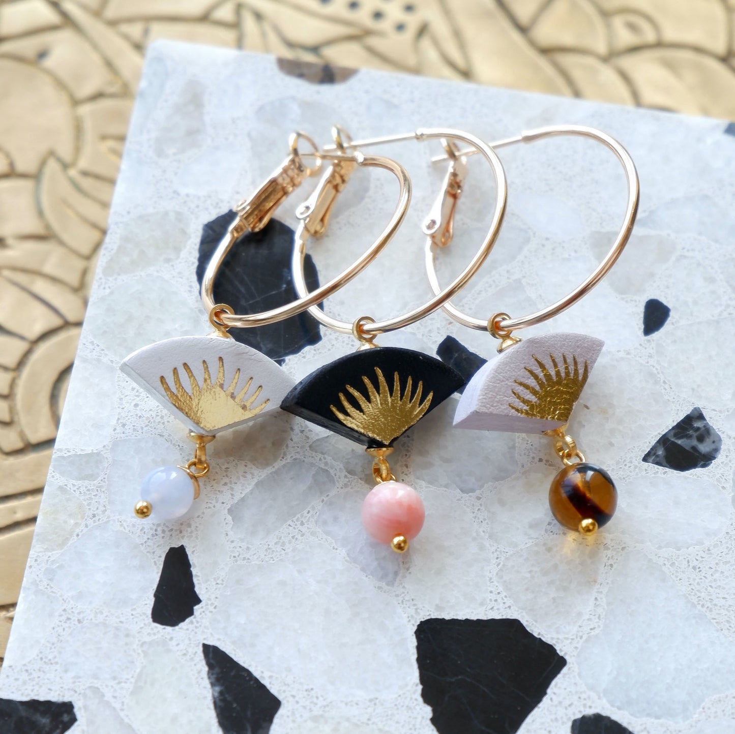white, black, lilac & gold palm print leather gold hoop earrings with coloured glass & gemstone beads