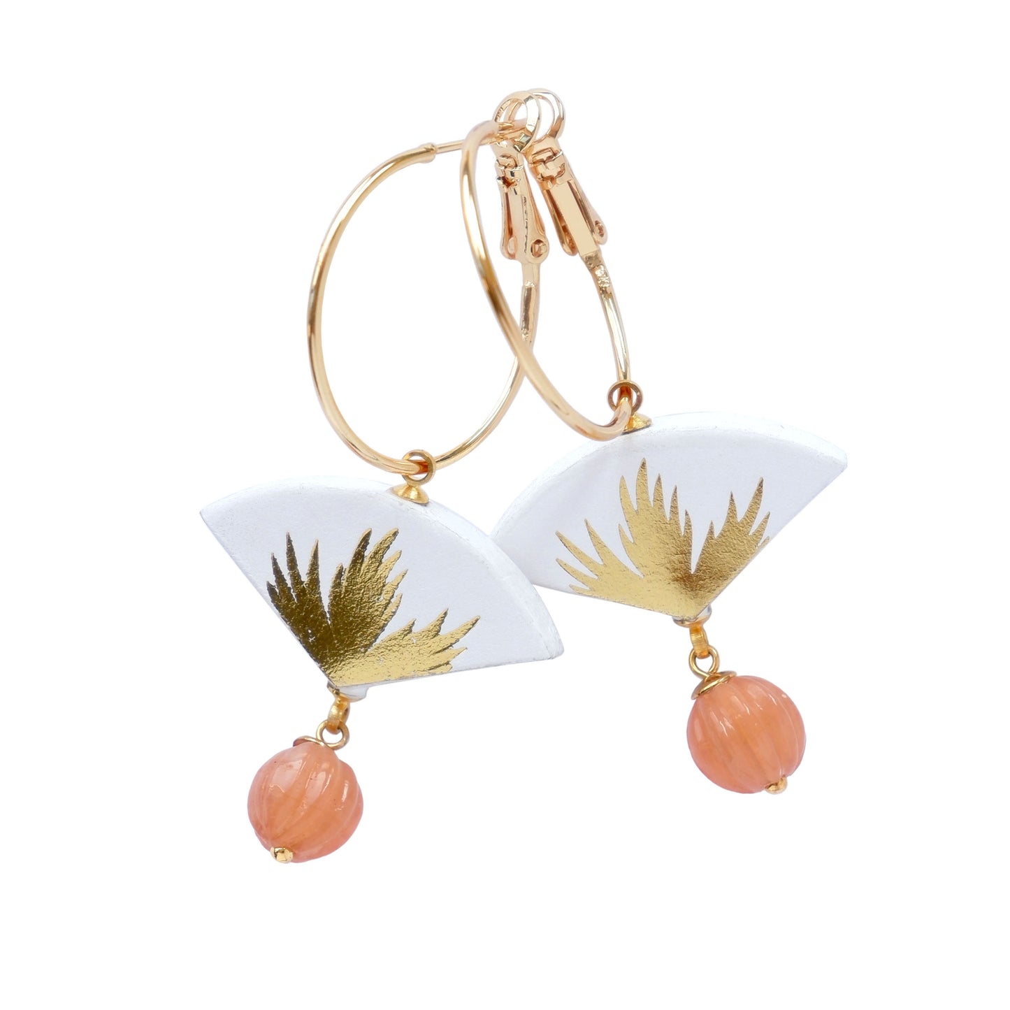 white & gold palm print leather gold hoop earrings with pink bead