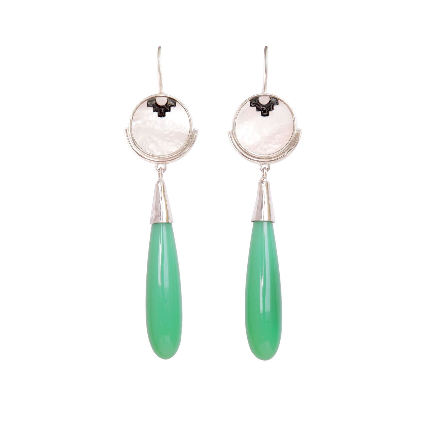 sterling silver earrings featuring mother of pearl discs, engraved with a blackened geometric steps design, and adorned with long smooth chrysoprase gemstone drop pendants.