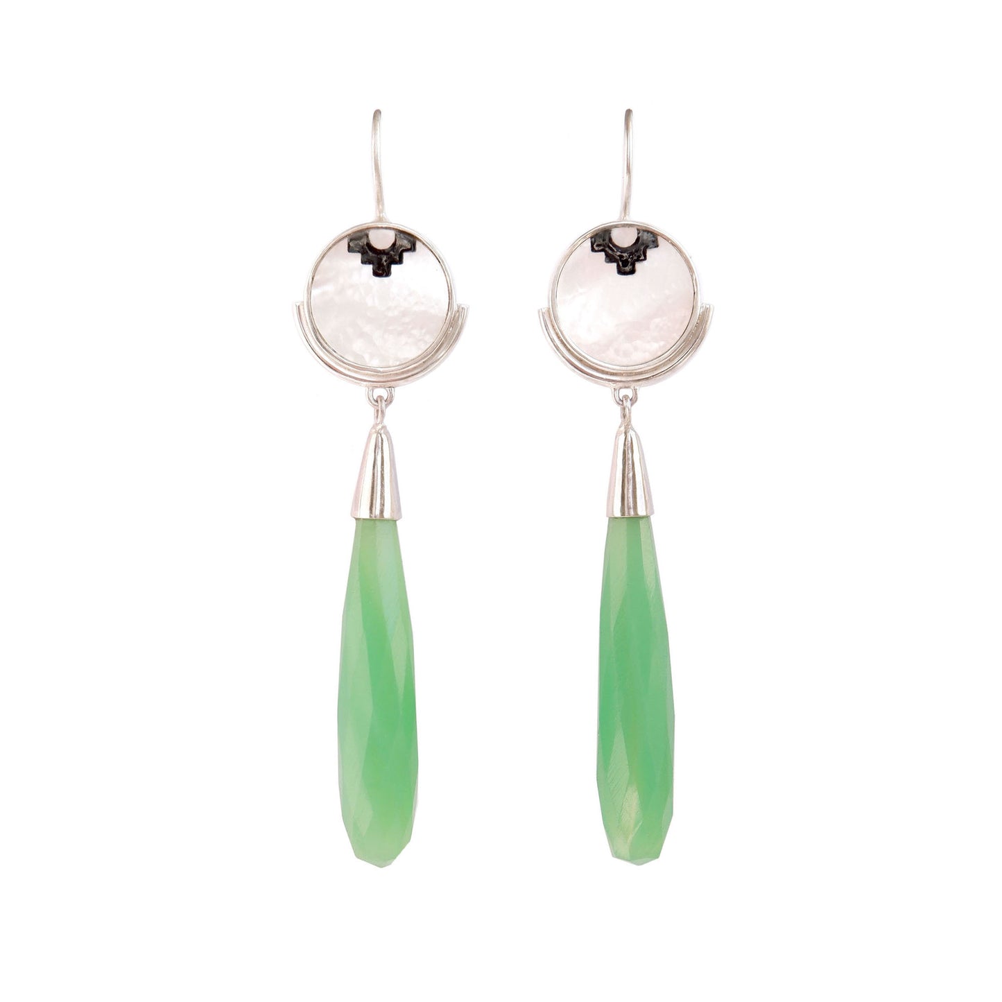 sterling silver earrings featuring mother of pearl discs, engraved with a blackened geometric steps design, and adorned with long faceted chrysoprase gemstone drop pendants.