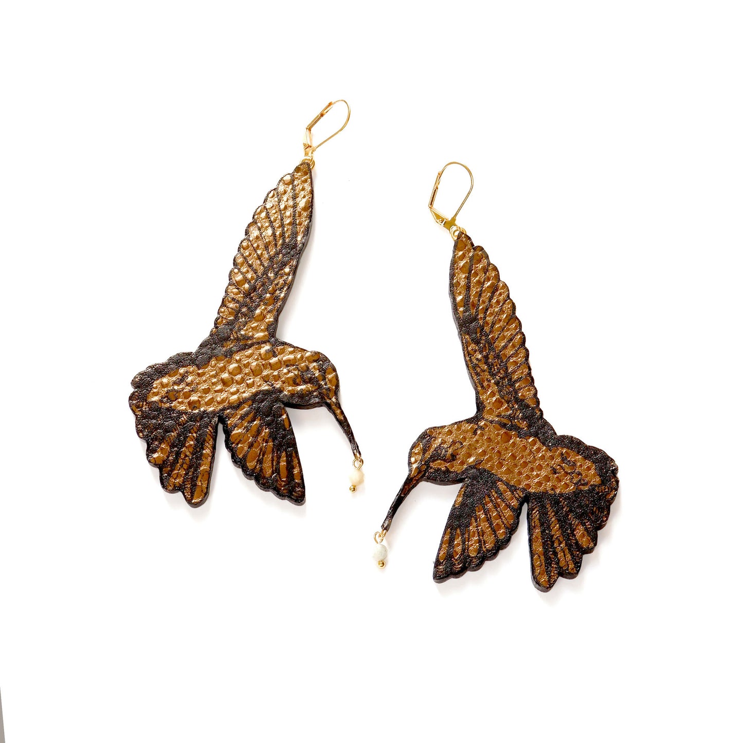 Large Statement Hummingbird Earrings, in Printed Copper textured Leather.