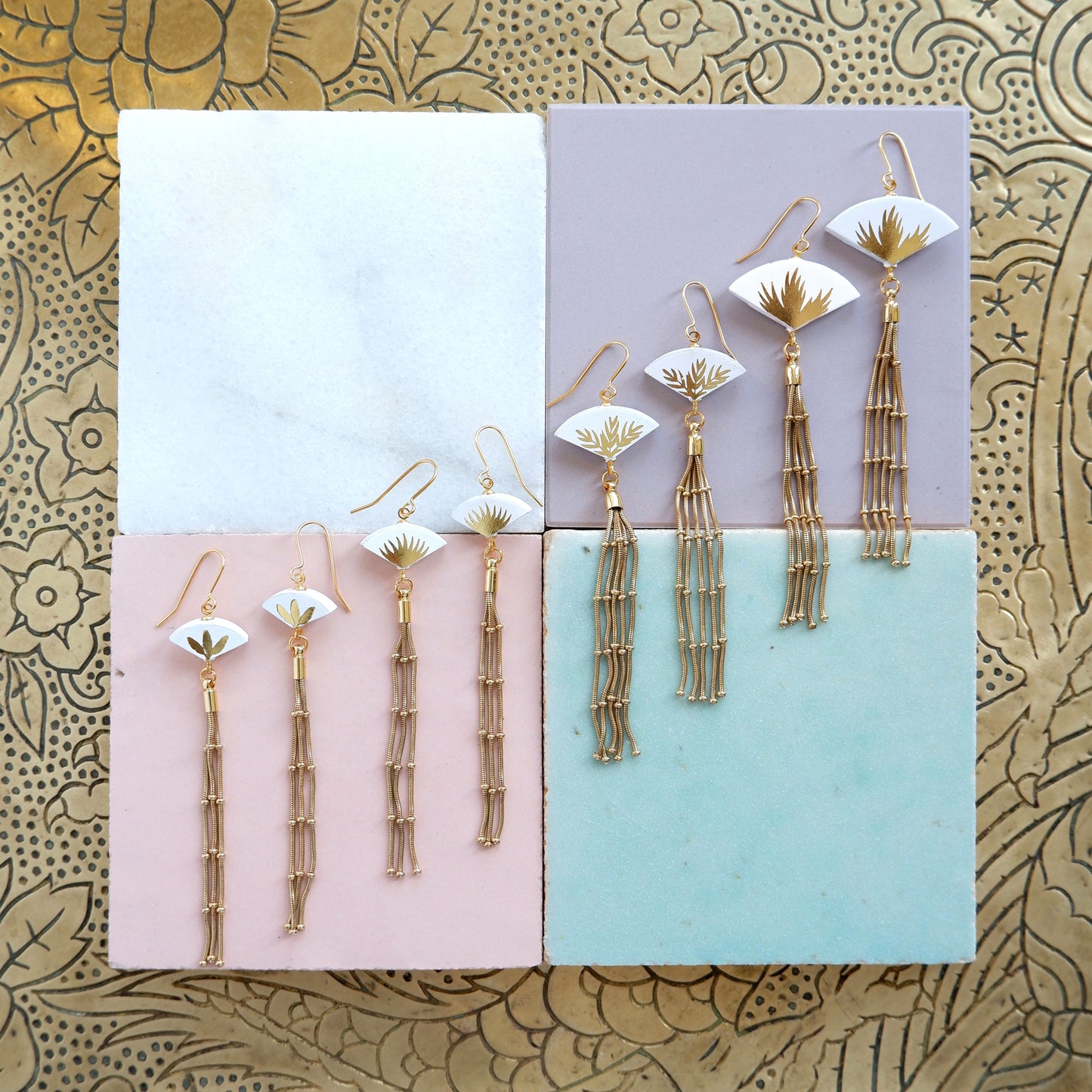 manila leather palm tree fan tassel earrings in white, all sizes