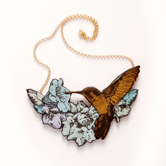 Hummingbird Necklace in collaged screen-pinted coloured leather, on gold plated chain.
