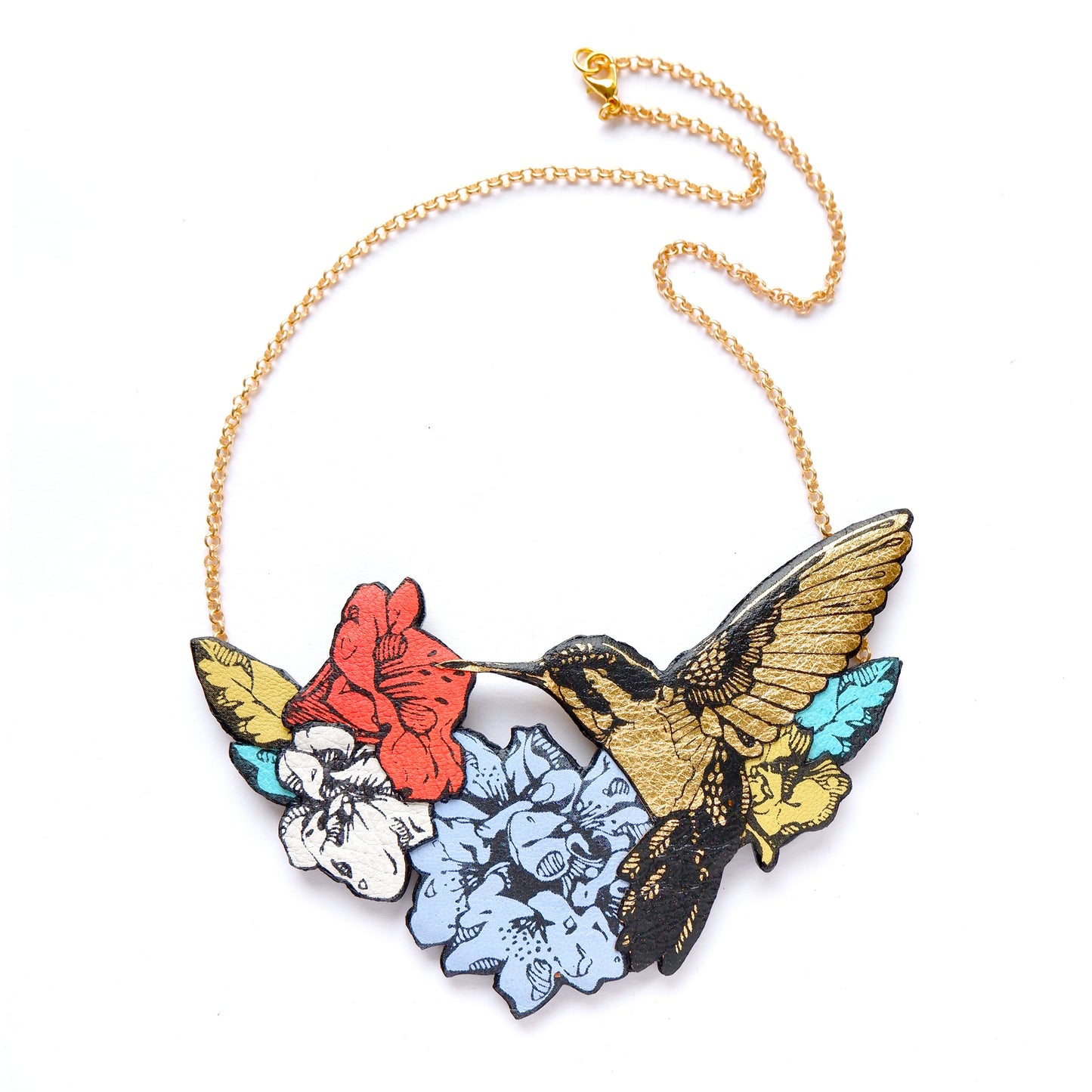 Hummingbird Necklace in collaged screen-pinted coloured leather, on gold plated chain.