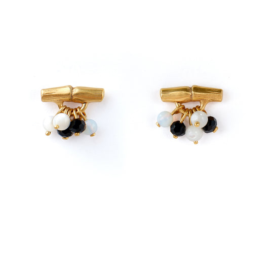 gold vermeil bamboo bar stud earrings with gemstone beads in black & white, white background
