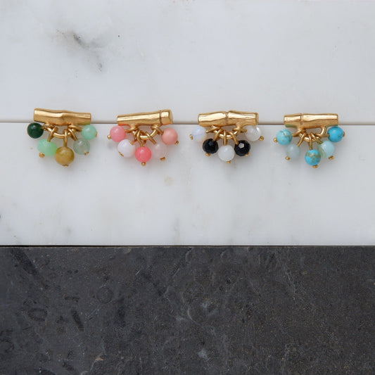 gold vermeil bamboo stud earrings with gemstones - pink, turquoise blue, black & white, green