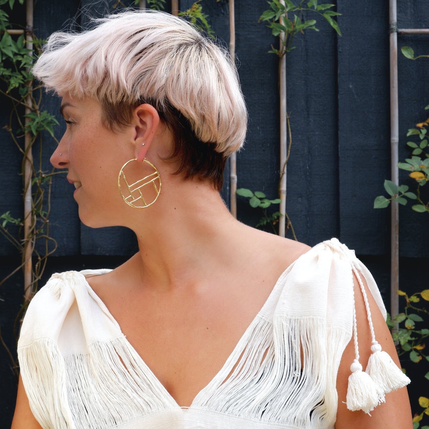 Gold Vermeil Large, Bamboo Hoops, cross bar design, statement earrings, model