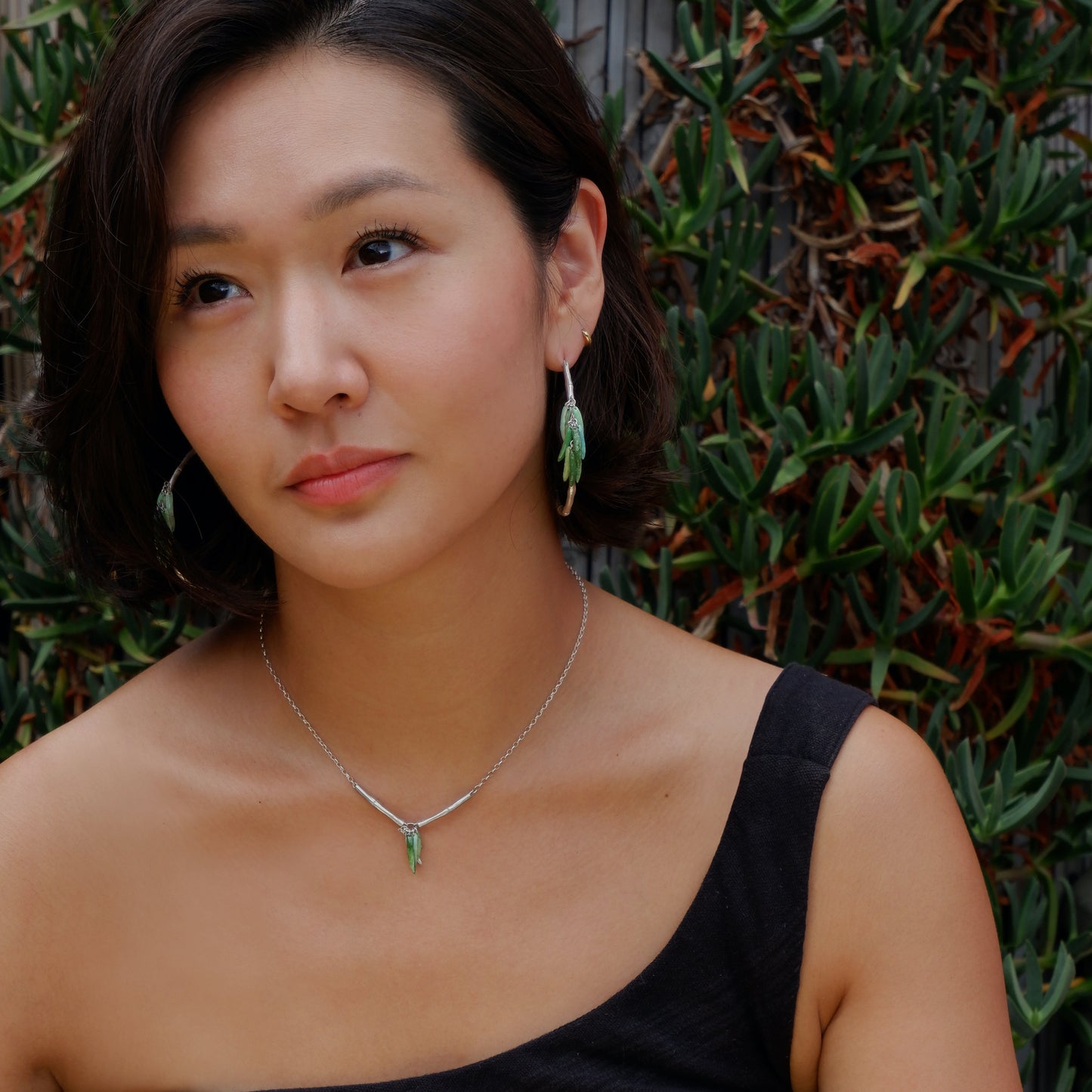Sterling Silver Large, Bamboo Hoops, statement earrings, green enamel leaves, model