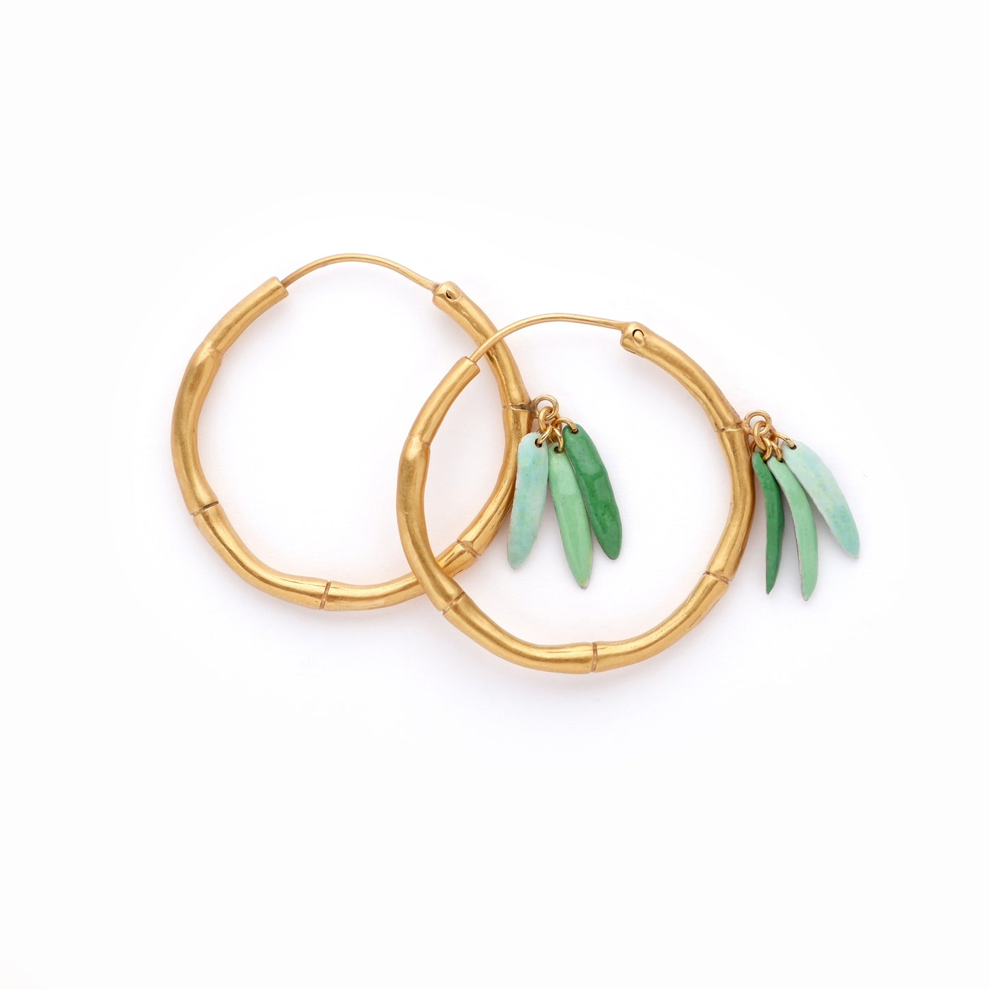 Gold Vermeil small, Bamboo Hoops, statement earrings, green enamel leaves