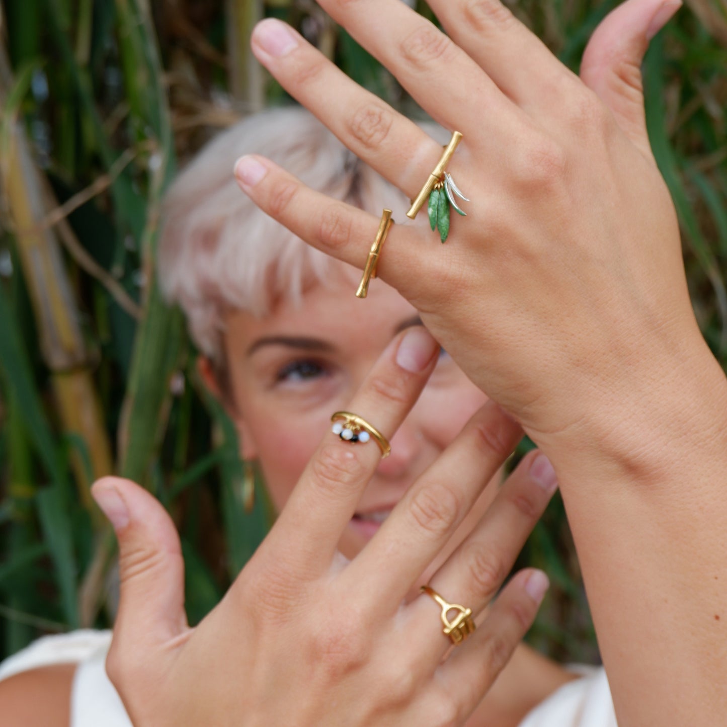 Gold Vermeil Bamboo bar Rings green enamel leaves
