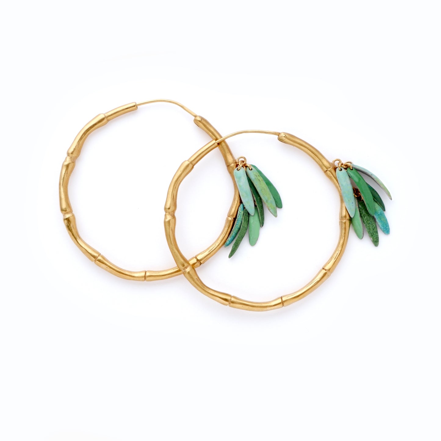 Gold Vermeil Large, Bamboo Hoops, statement earrings, green enamel leaves
