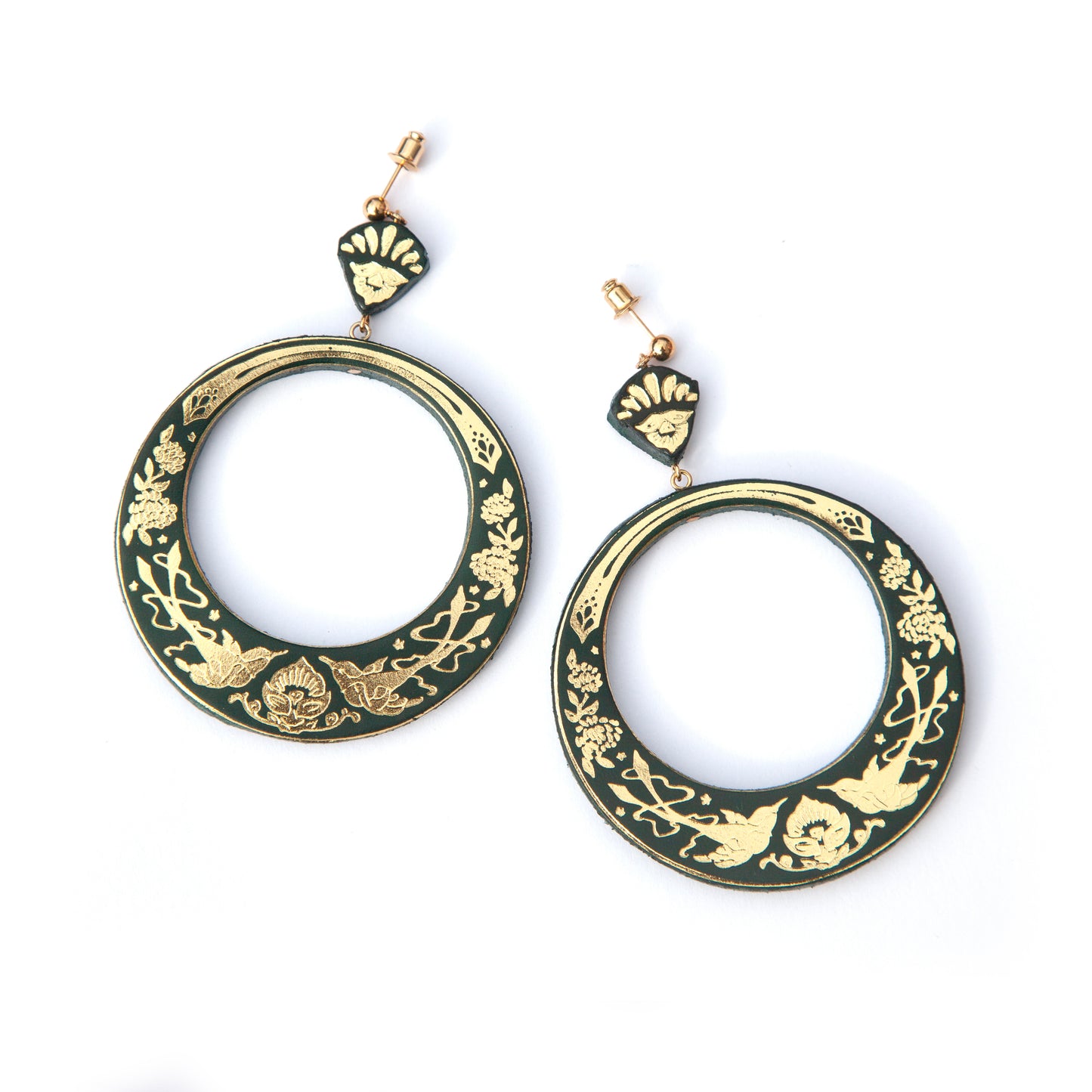 large hoops earring printed with birds & flowers in gold on dark green leather
