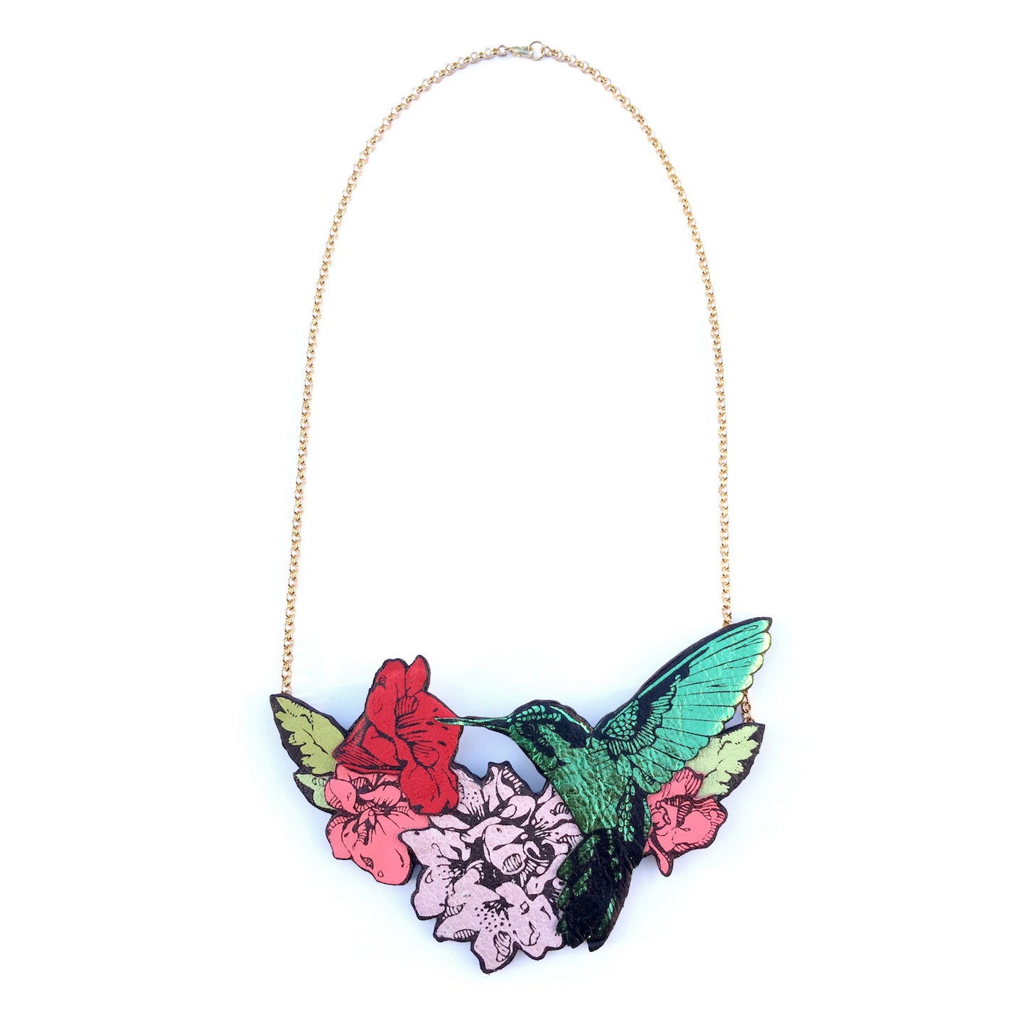 Hummingbird Necklace in collaged screen-pinted coloured leather, on gold plated chain.