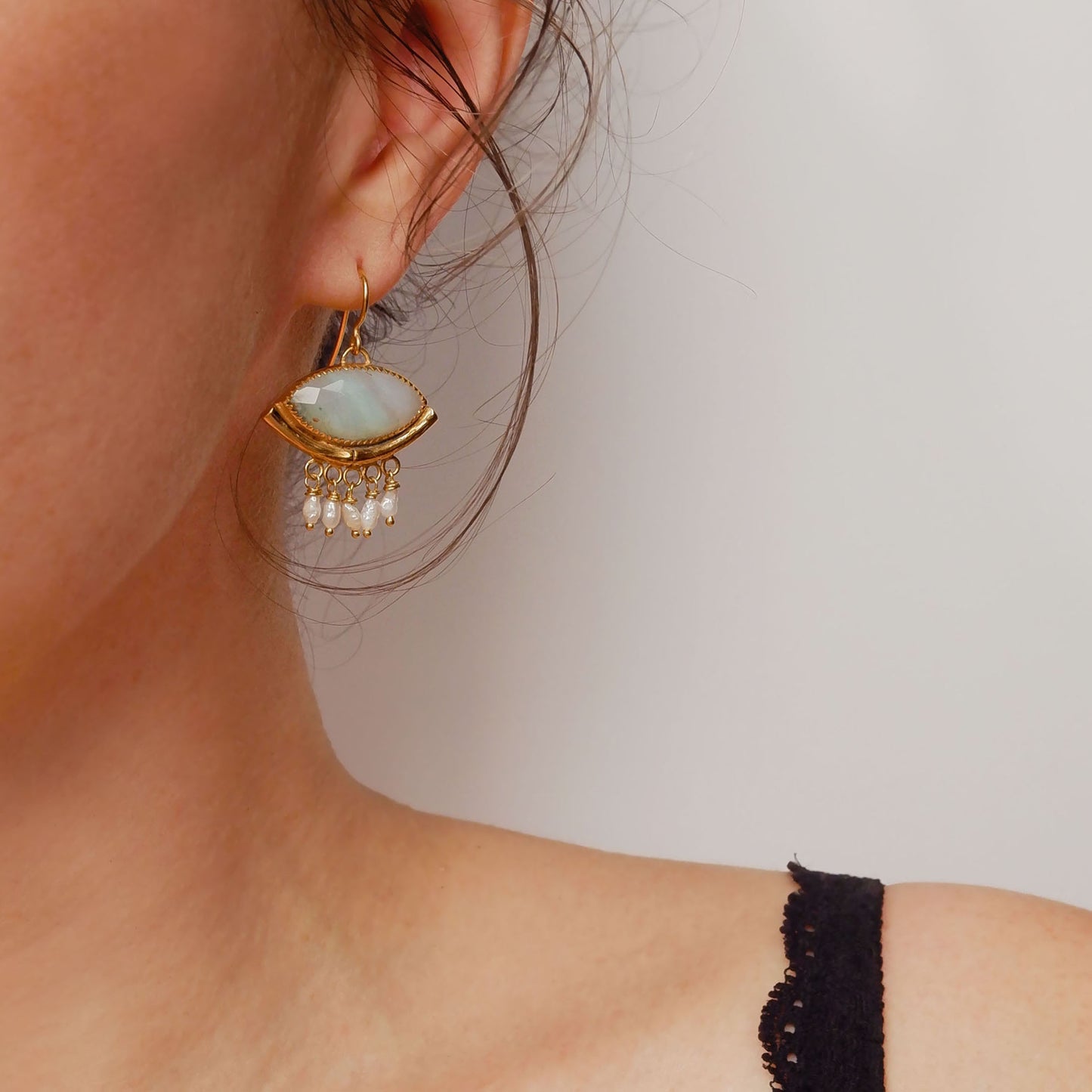 BAMBOO HAMMOCK . earrings / OOAK Pearl Fringed Green Opal Eye